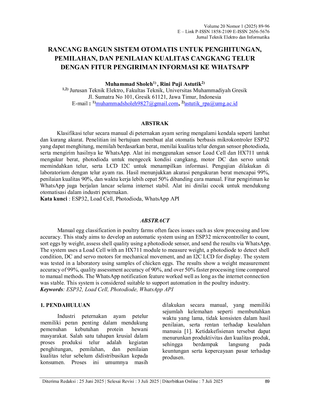 JURIS Rancang Bangun Sistem Otomatis Untuk Penghitungan Pemilahan Dan Penilaian Kualitas Cangkang Telur Dengan Fitur Pengiriman Informasi Ke Whatsapp