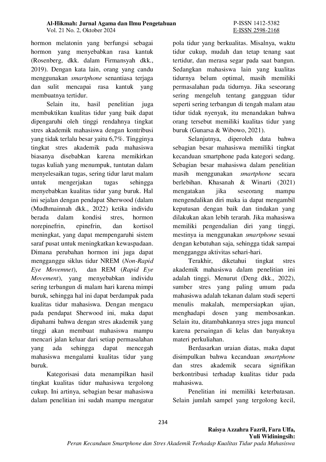 JURIS Peran Kecanduan Smartphone dan Stres Akademik Terhadap Kualitas Tidur pada Mahasiswa