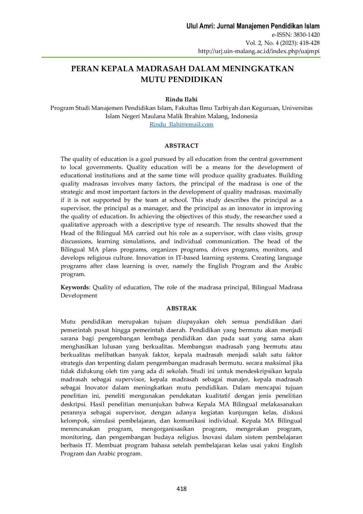 JURIS Peran Kepala Madrasah dalam Meningkatkan Mutu Pendidikan