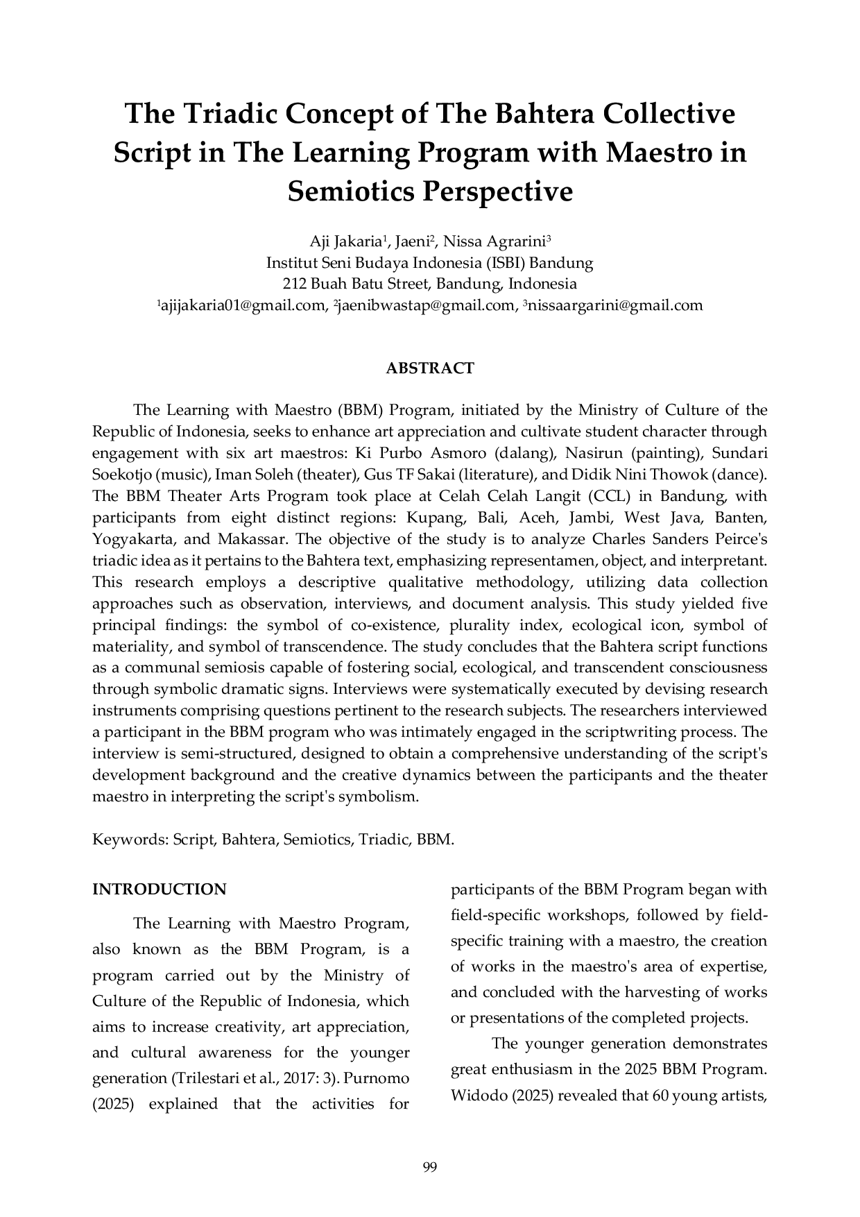 JURIS The Triadic Concept of The Bahtera Collective Script in The Learning Program with Maestro in Semiotics Perspective