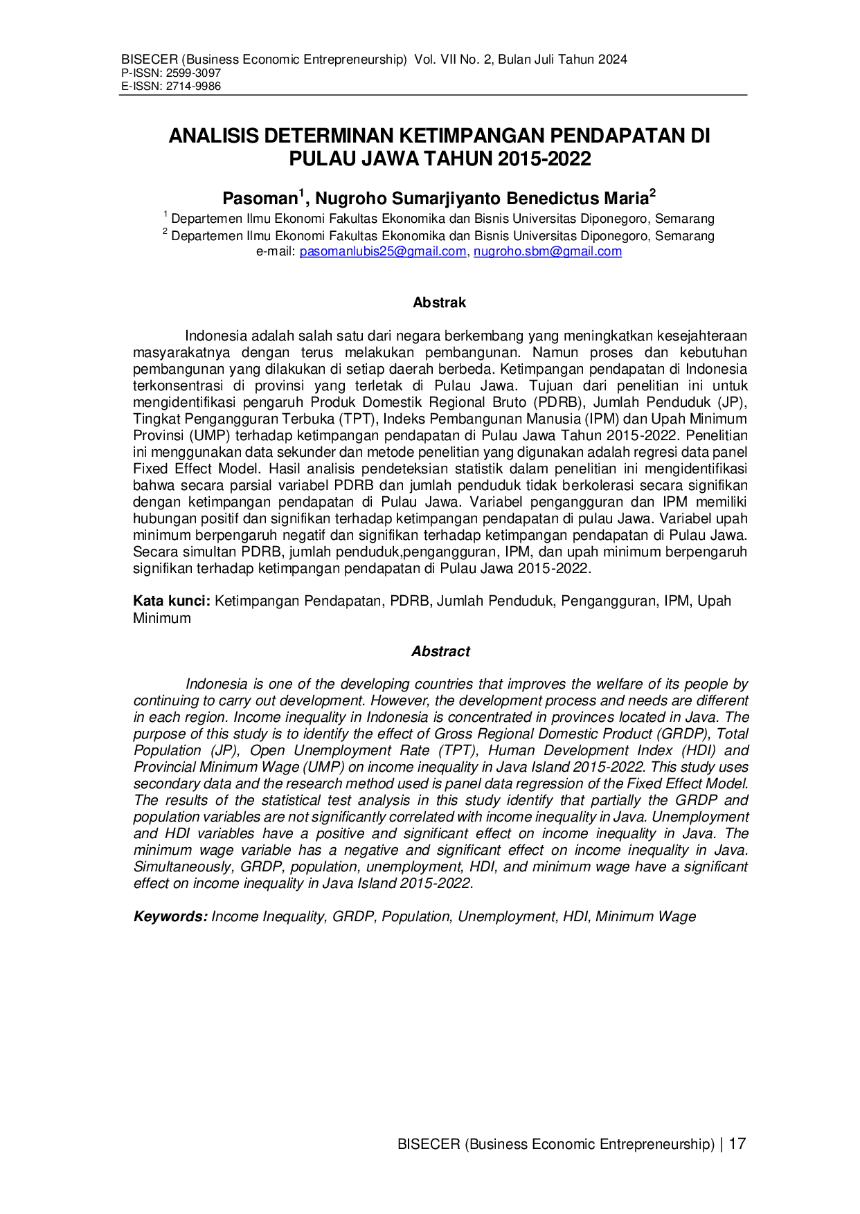 JURIS Analisis Determinan Ketimpangan Pendapatan Di Pulau Jawa Tahun 2015 2022