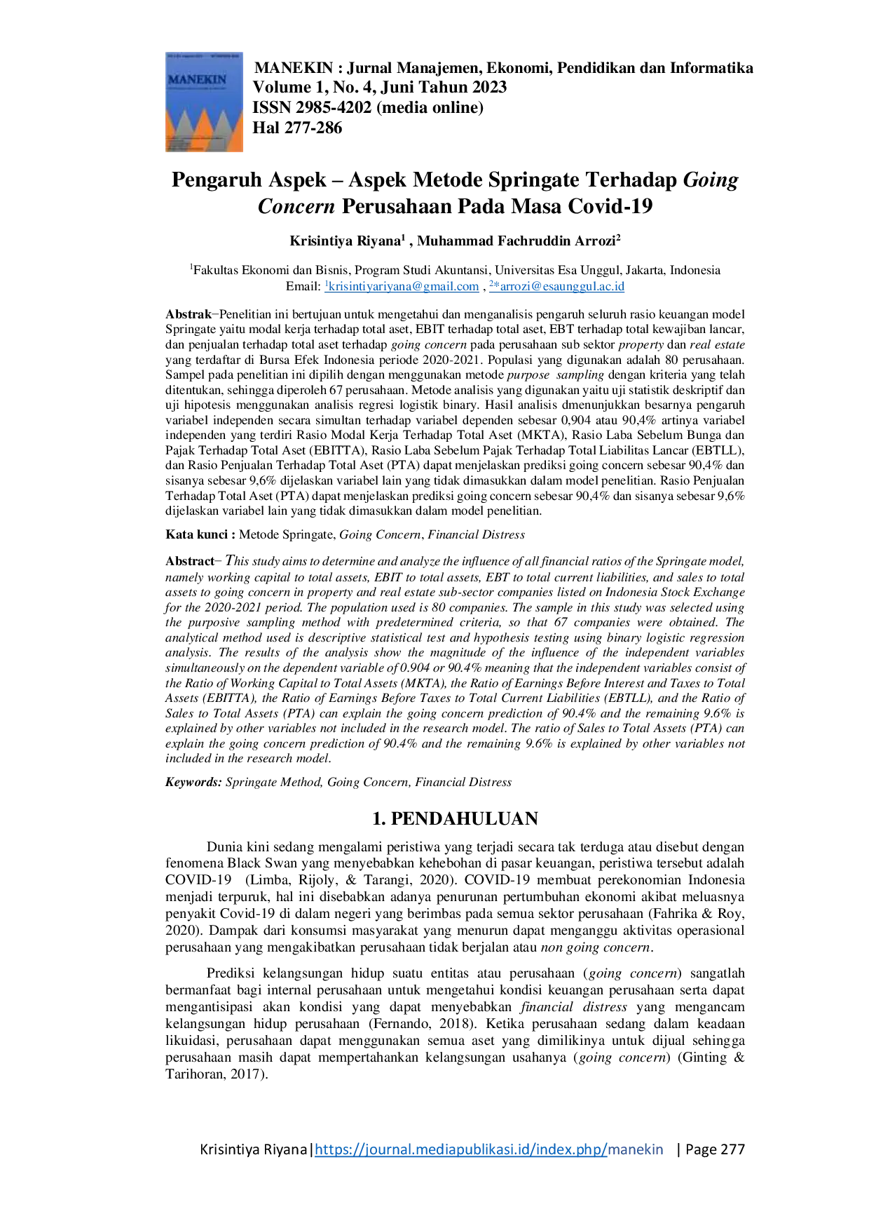JURIS Pengaruh Aspek Aspek Metode Springate Terhadap Going Concern Perusahaan Pada Masa Covid 19