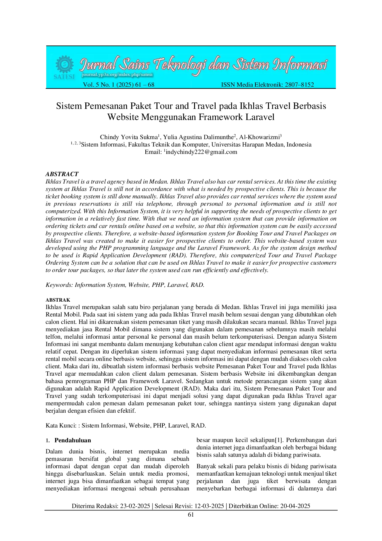 JURIS Sistem Pemesanan Paket Tour And Travel Pada Ikhlas Travel Berbasis Website Menggunakan Framework Laravel