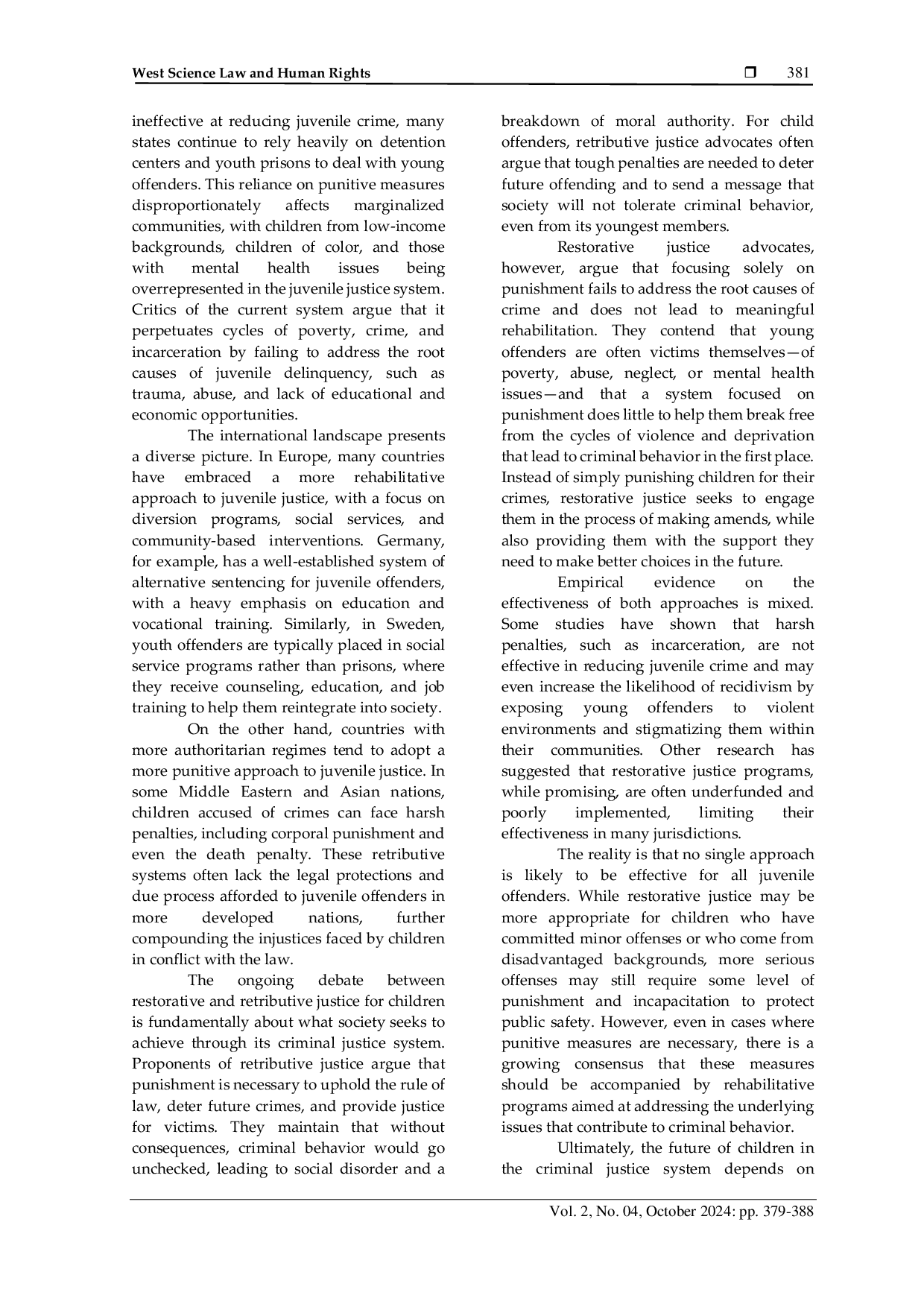 JURIS The Future of Children in the Criminal Justice System Restorative or Retributive Approach