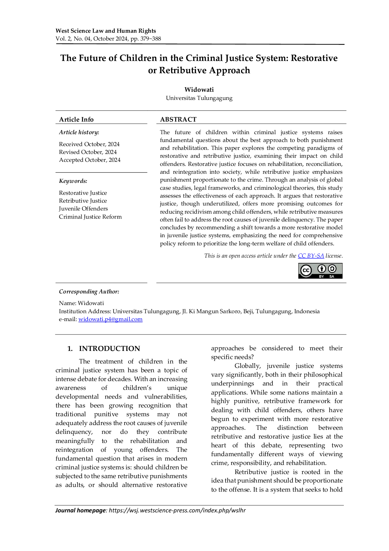 JURIS The Future of Children in the Criminal Justice System Restorative or Retributive Approach