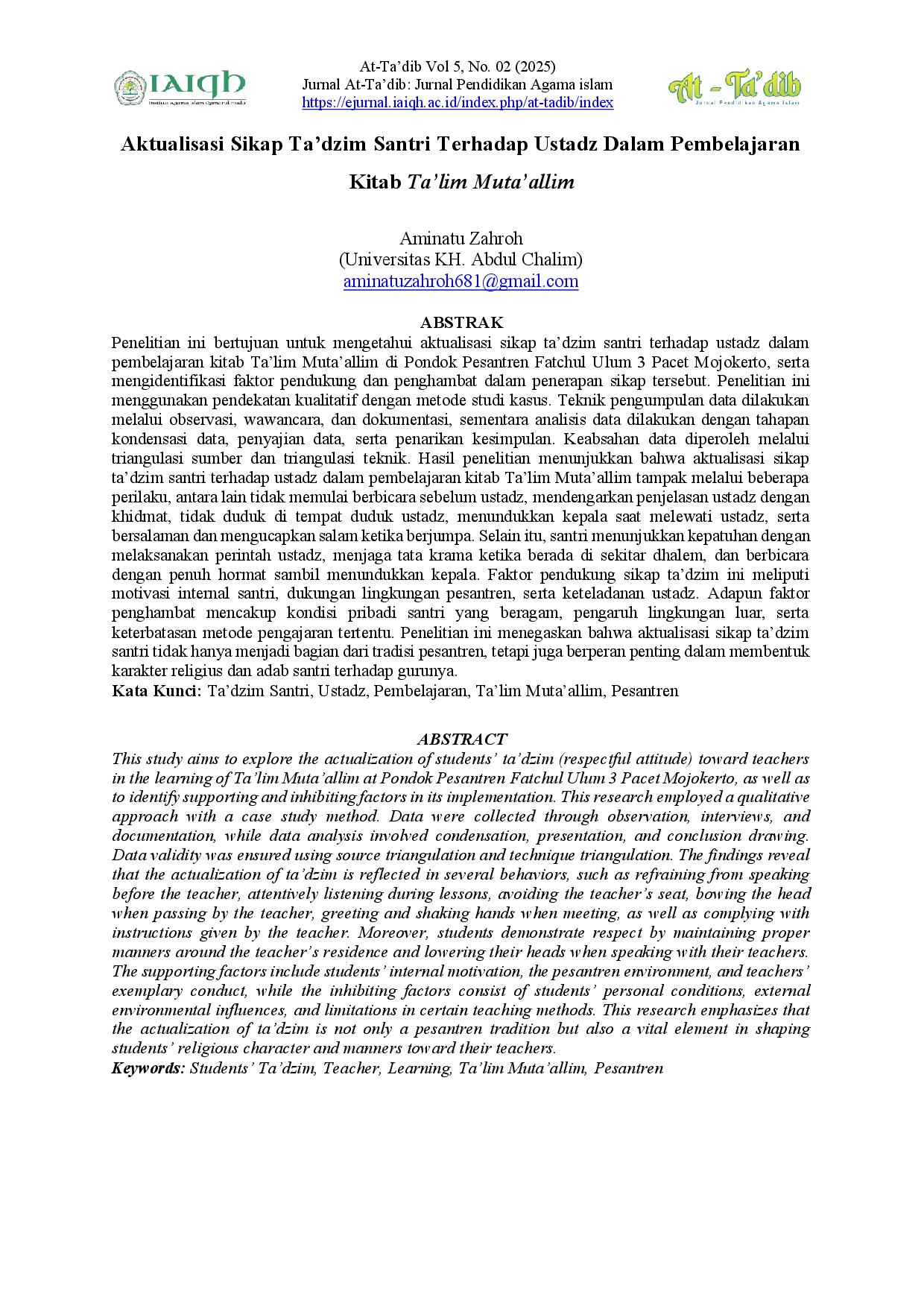 juris Aktualisasi Sikap Ta dzim Santri Terhadap Ustadz dalam Pembelajaran Kitab Ta lim Muta allim