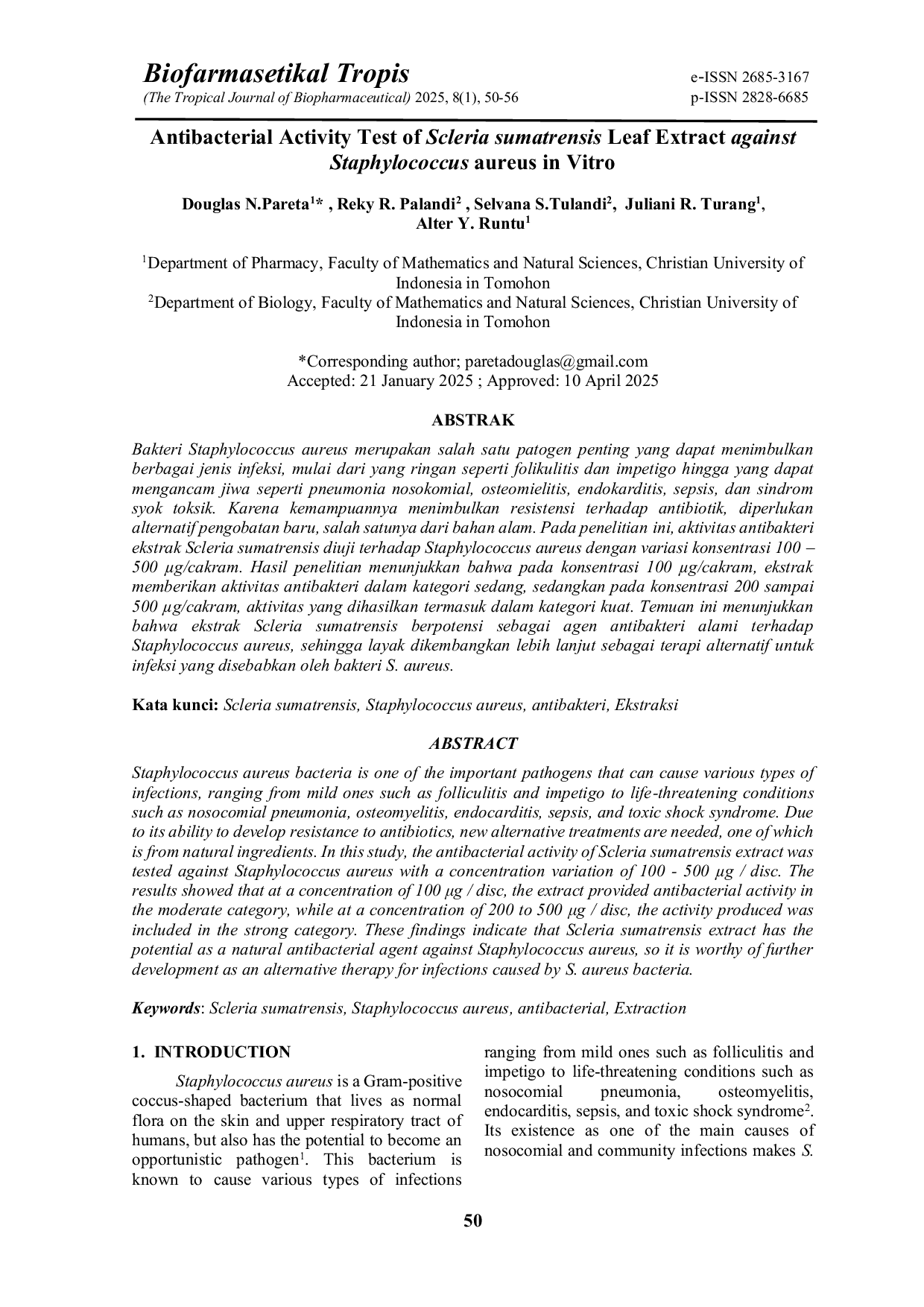 JURIS Antibacterial Activity Test of Scleria sumatrensis Leaf Extract against Staphylococcus aureus in Vitro