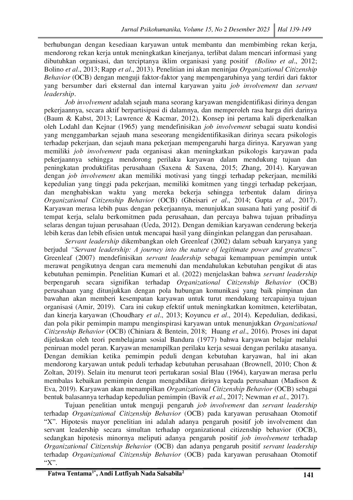 JURIS Pengaruh Job Involvement dan Servant Leadership Terhadap Organizational Citizenship Behavior OCB Pada Karyawan Perusahaan Otomotif X