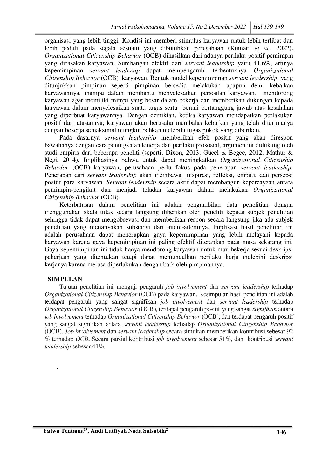 JURIS Pengaruh Job Involvement dan Servant Leadership Terhadap Organizational Citizenship Behavior OCB Pada Karyawan Perusahaan Otomotif X