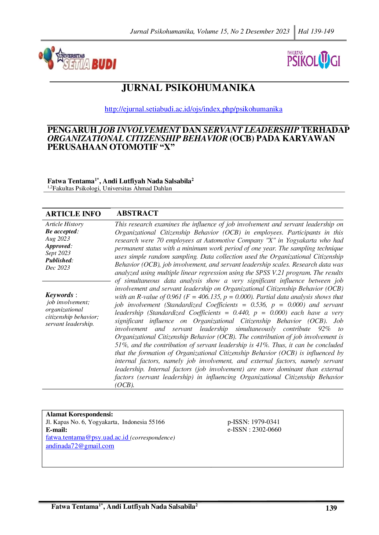 JURIS Pengaruh Job Involvement dan Servant Leadership Terhadap Organizational Citizenship Behavior OCB Pada Karyawan Perusahaan Otomotif X