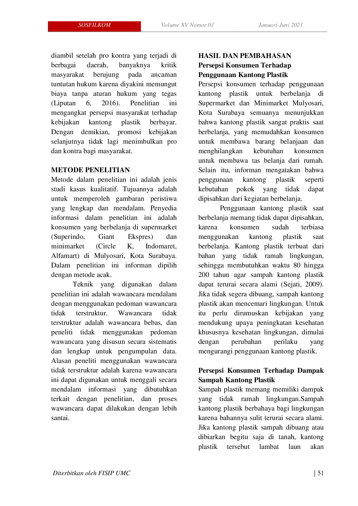 JURIS Persepsi Konsumen Terhadap Kebijakan Kantong Plastik Berbayar