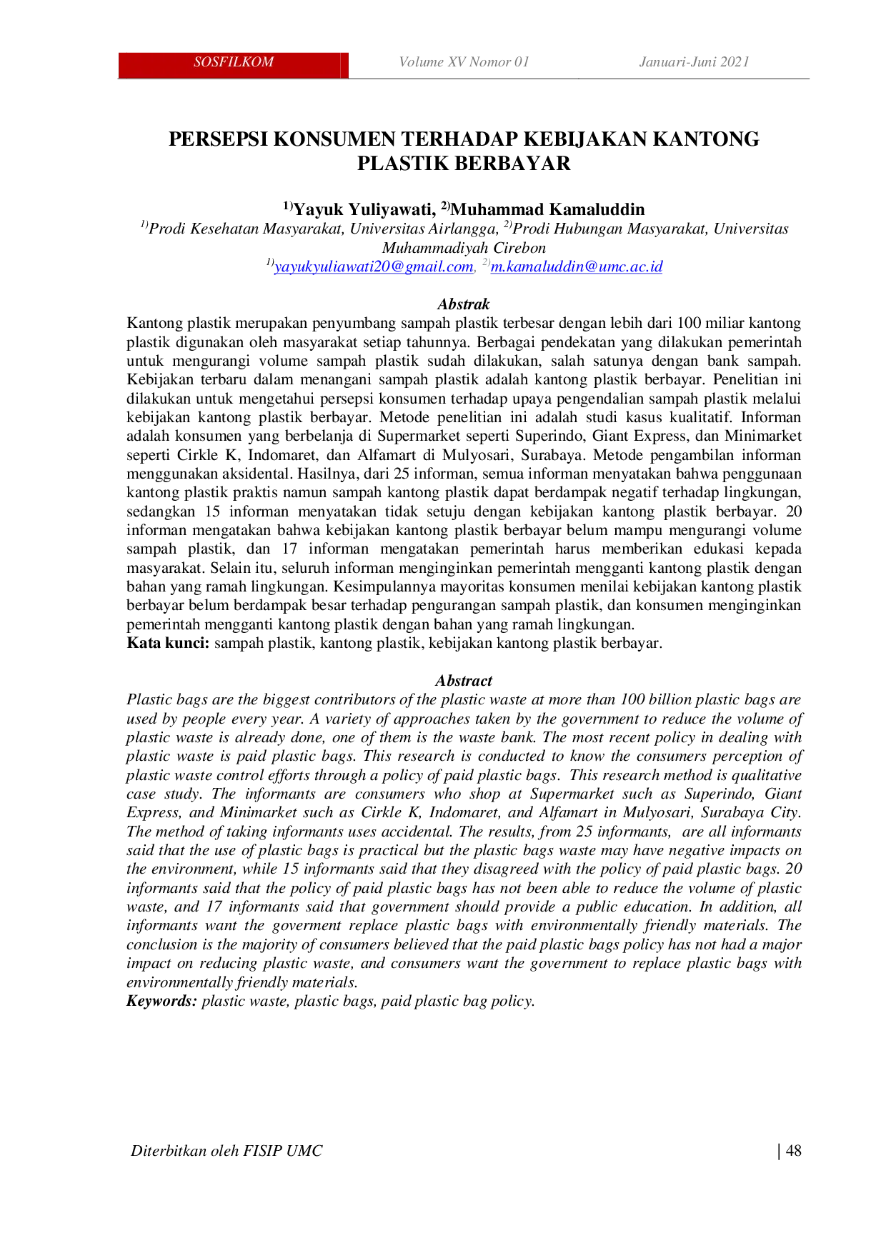 JURIS Persepsi Konsumen Terhadap Kebijakan Kantong Plastik Berbayar