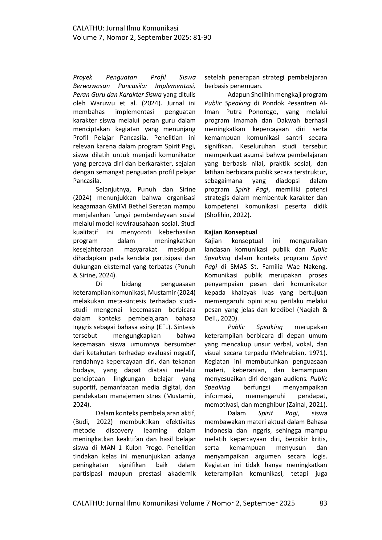 JURIS Implementasi Public Speaking dalam Program Spirit Pagi Studi Kasus di SMA St Familia Wae Nakeng