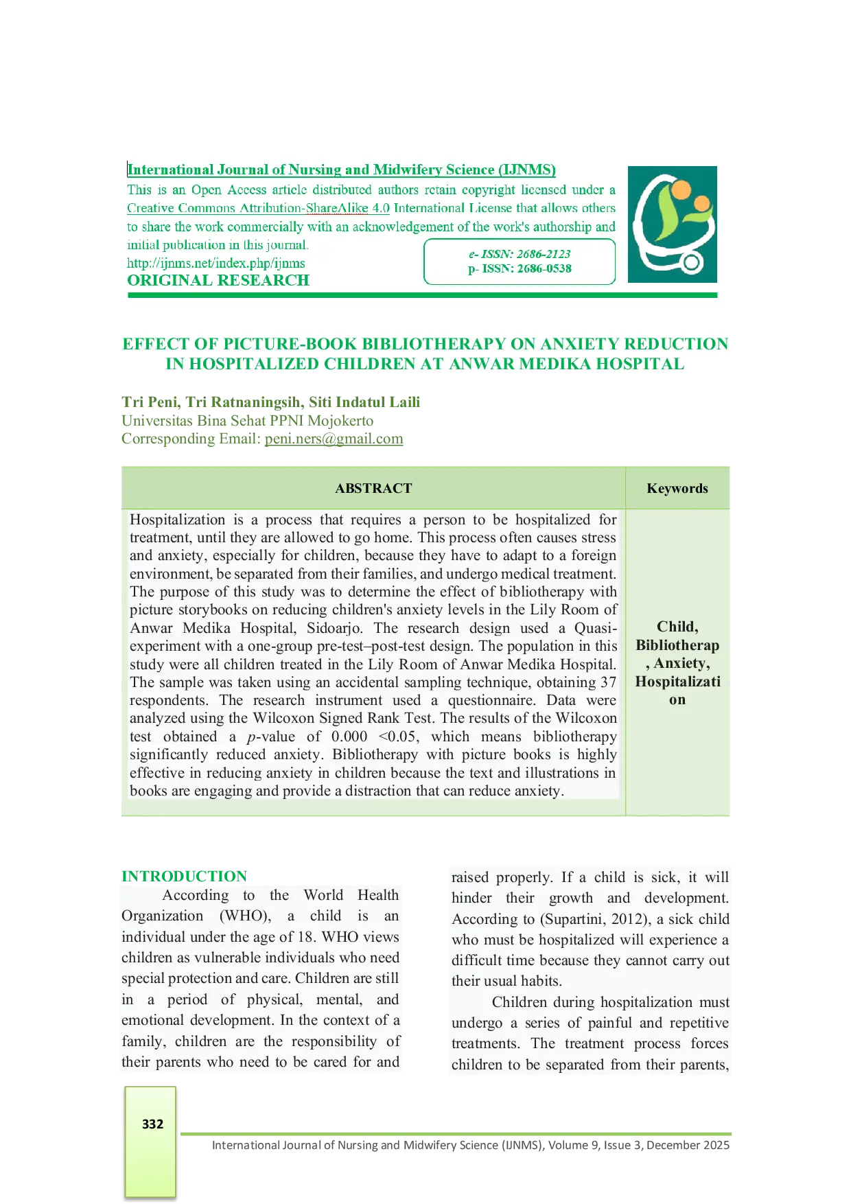 JURIS Effect Of Picture Book Bibliotherapy On Anxiety Reduction In Hospitalized Children At Anwar Medika Hospital