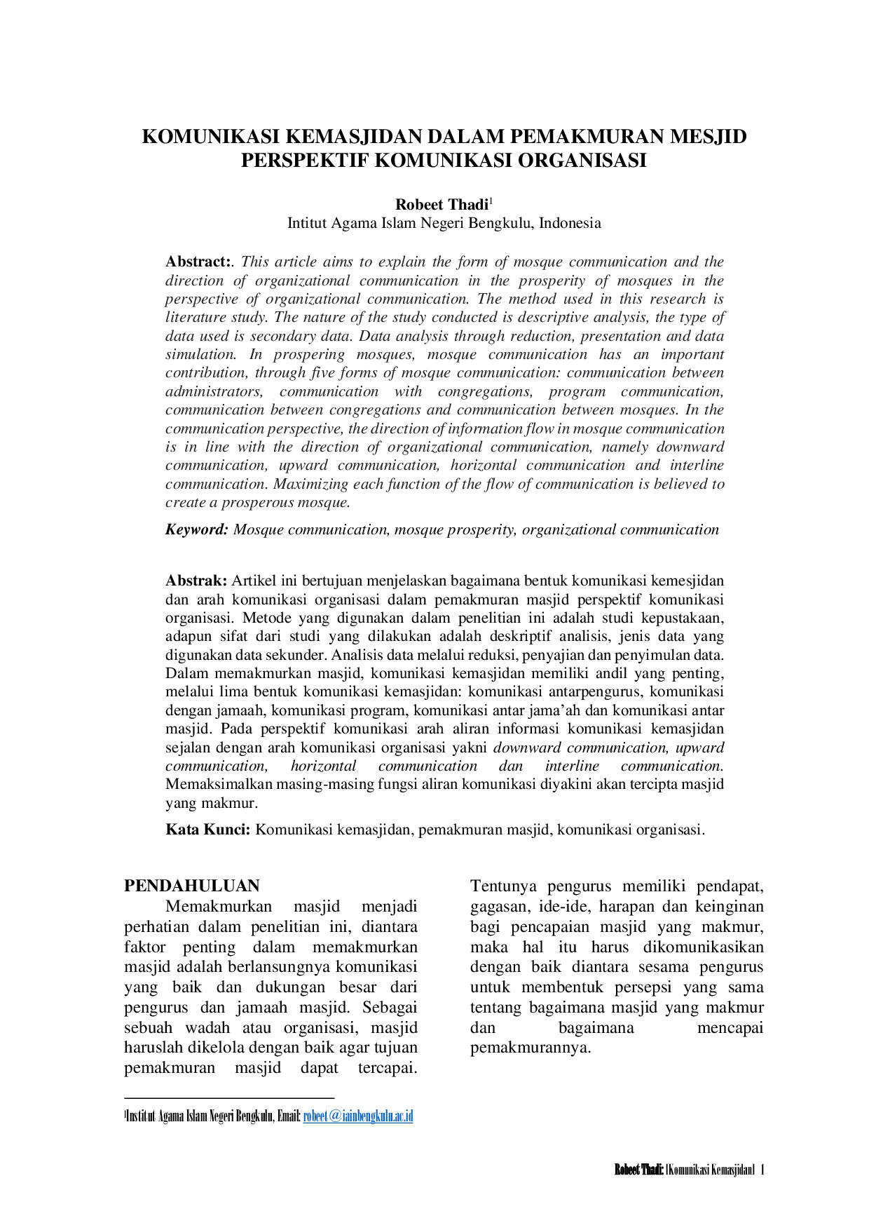 JURIS Komunikasi Kemasjidan Dalam Pemakmuran Mesjid Perspektif Komunikasi Organisasi