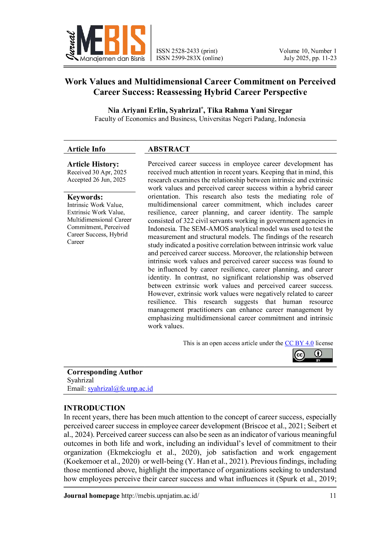 JURIS Work Values and Multidimensional Career Commitment on Perceived Career Success Reassessing Hybrid Career Perspective