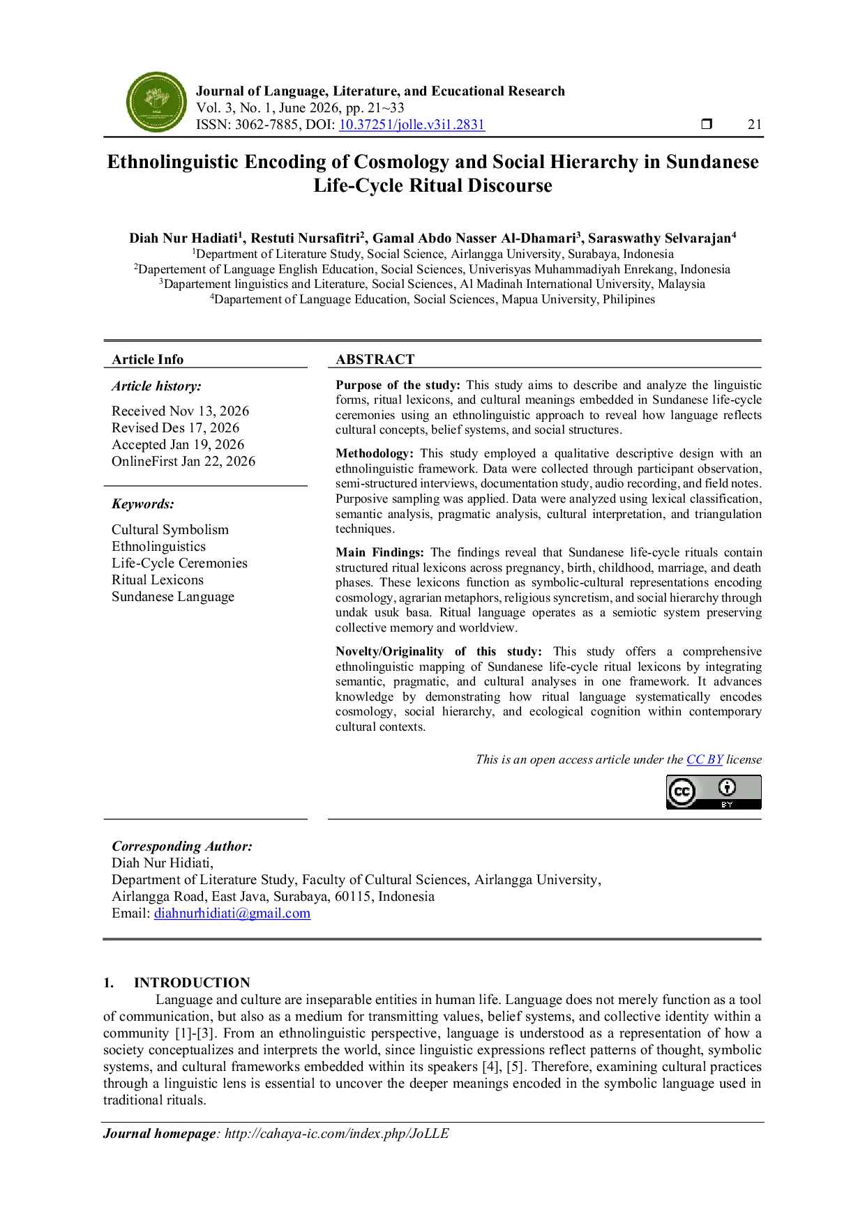 JURIS Ethnolinguistic Encoding of Cosmology and Social Hierarchy in Sundanese Life Cycle Ritual Discourse