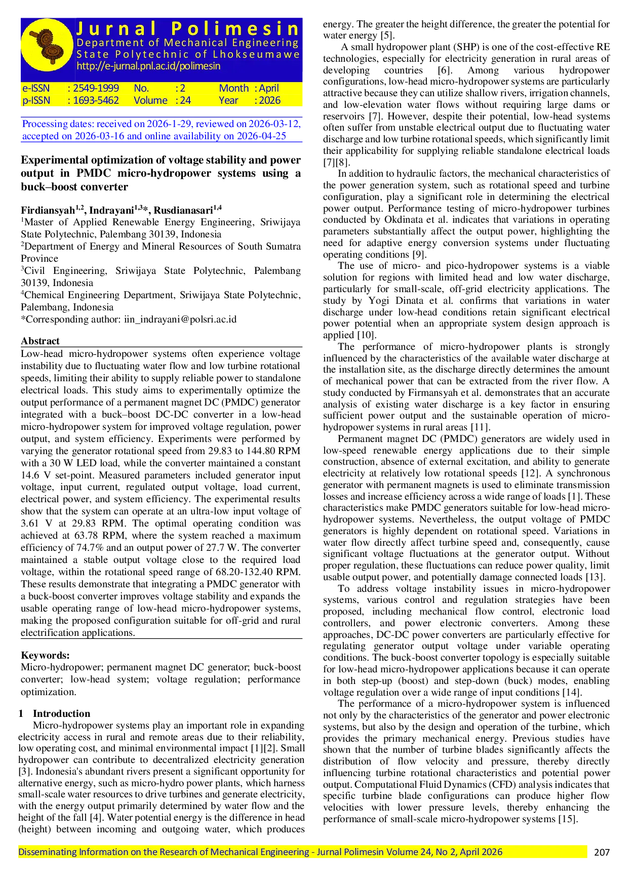 JURIS Experimental optimization of voltage stability and power output in PMDC micro hydropower systems using a buck boost converter