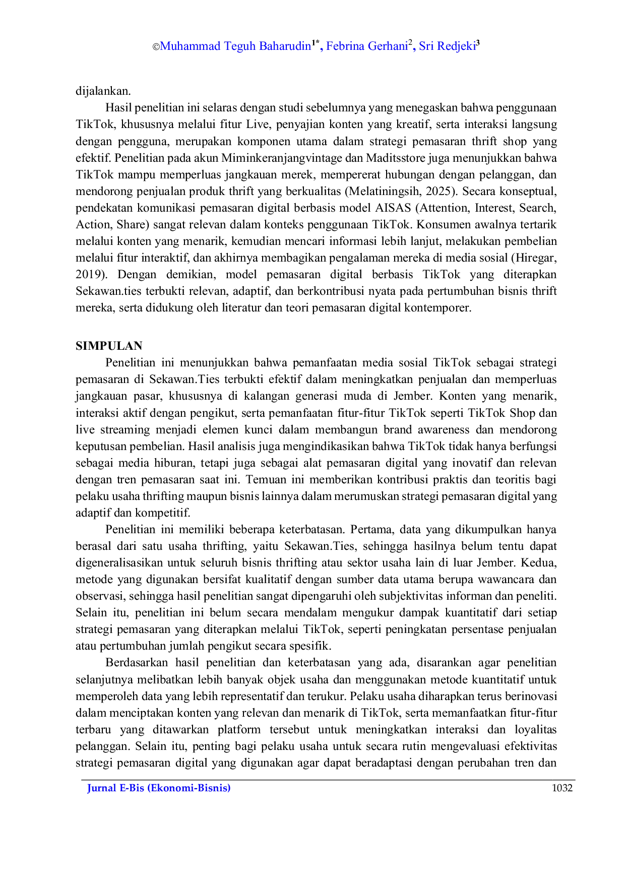 JURIS Strategi Pemasaran Melalui Sosial Media TikTok Dalam Penjualan Di Sekawan Ties