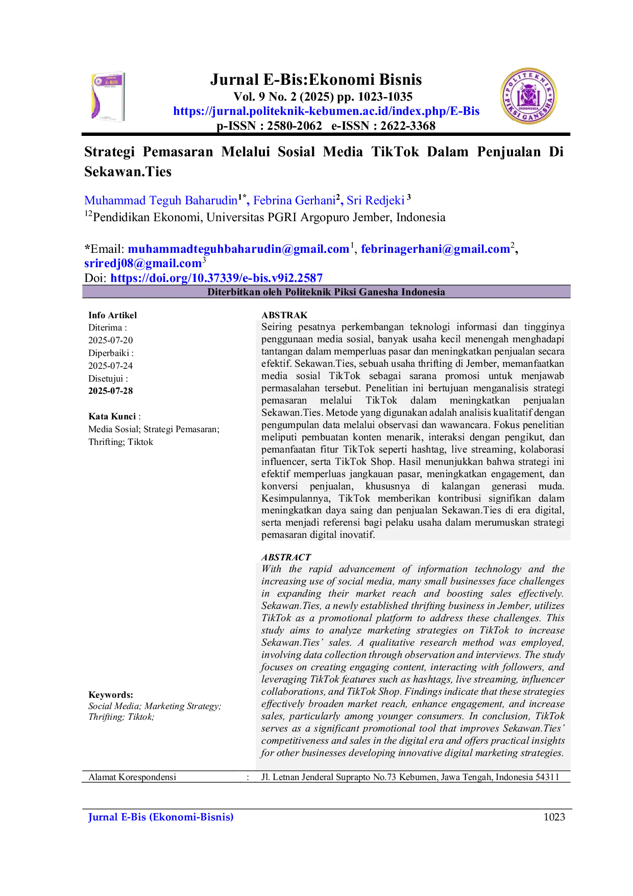 JURIS Strategi Pemasaran Melalui Sosial Media TikTok Dalam Penjualan Di Sekawan Ties