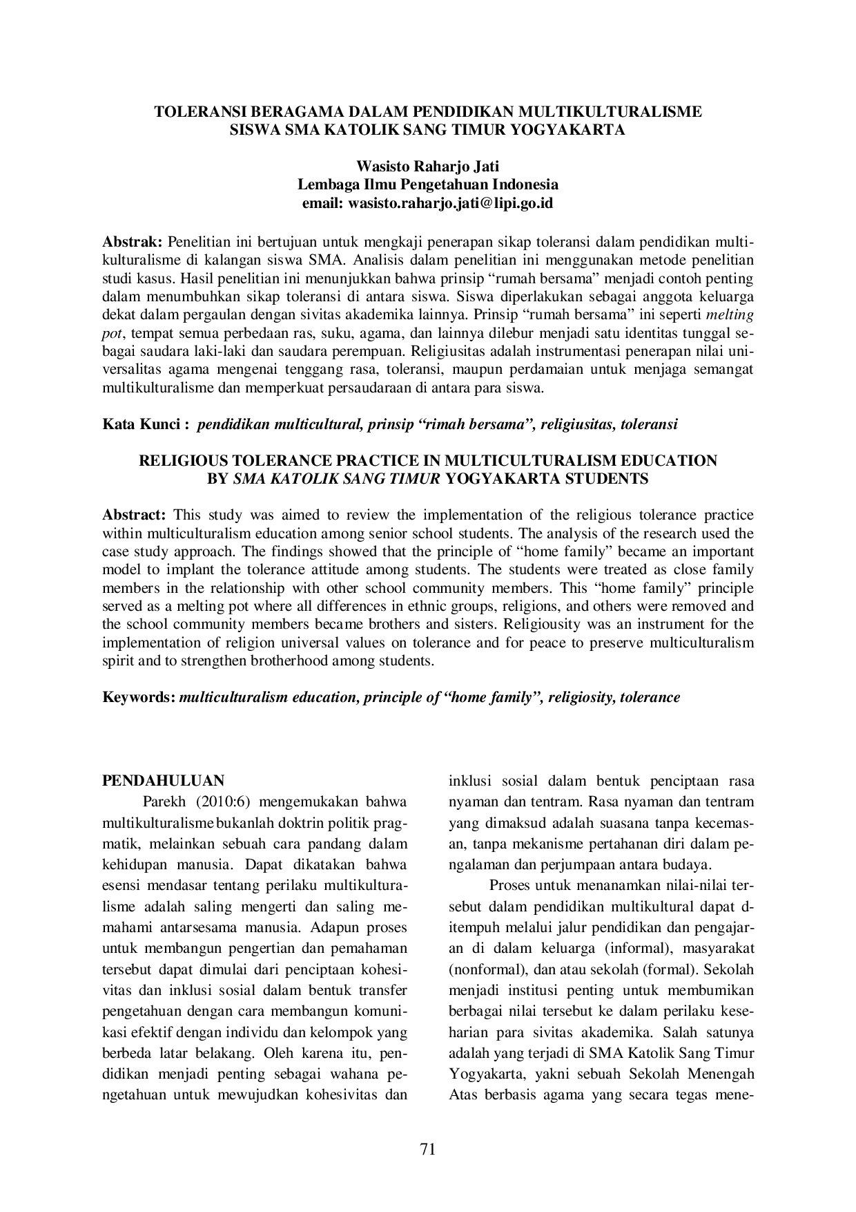 juris Toleransi Beragama dalam Pendidikan Multikulturalisme Siswa SMA Katolik Sang Timur Yogyakarta