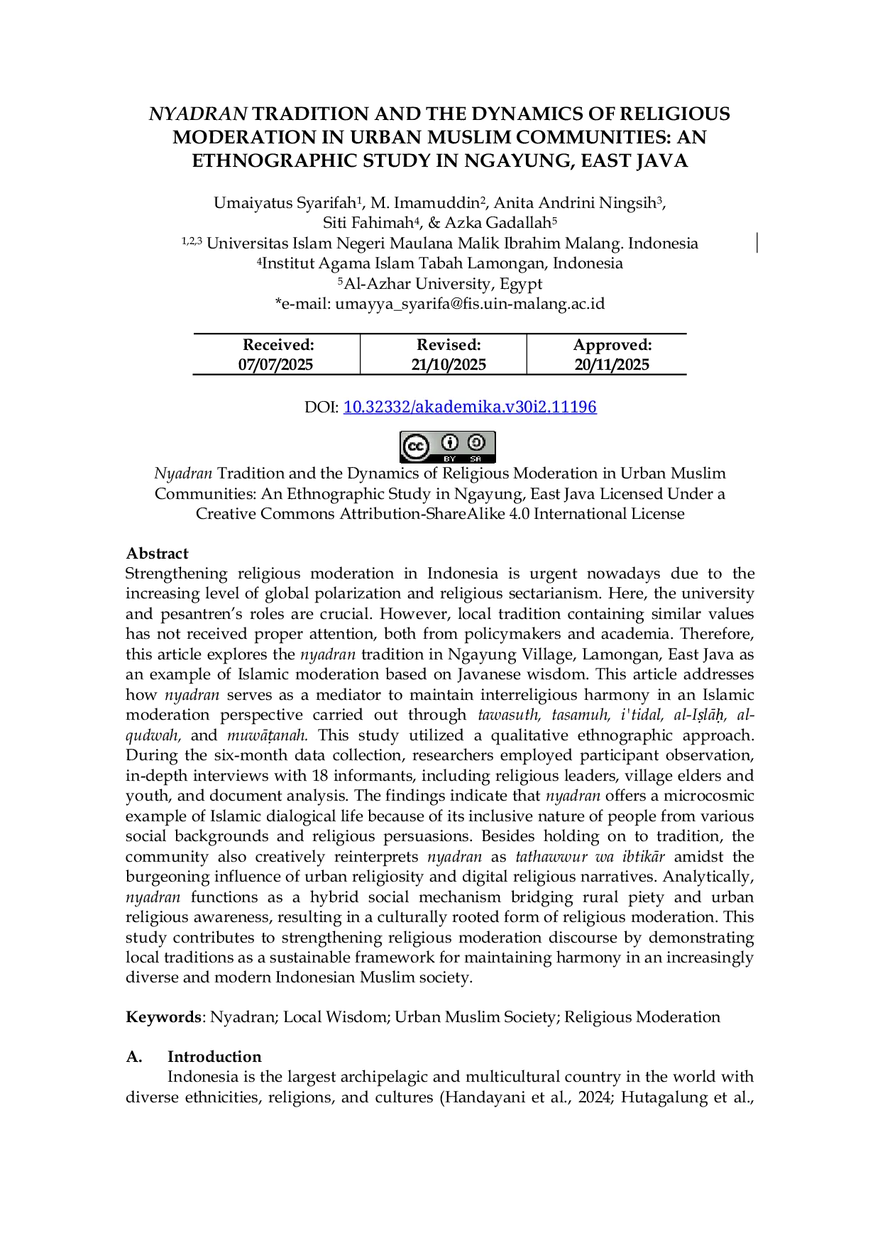 JURIS Nyadran Tradition and the Dynamics of Religious Moderation in Urban Muslim Communities An Ethnographic Study in Ngayung East Java