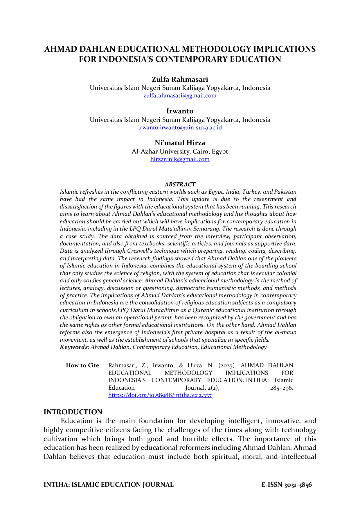 JURIS Metodologi Pendidikan Ahmad Dahlan Implikasi Bagi Pendidikan Kontemporer Indonesia