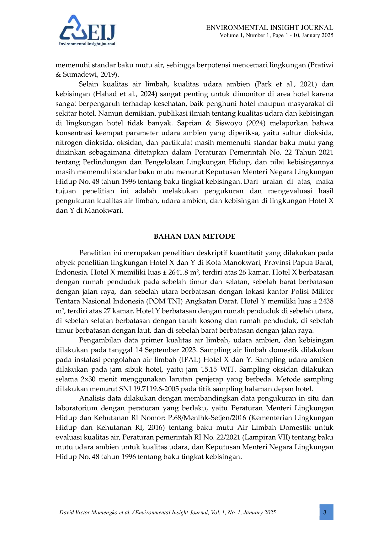 JURIS Evaluasi Kualitas Air Limbah Udara Ambien dan Kebisingan di Lingkungan Hotel X dan Y di Manokwari