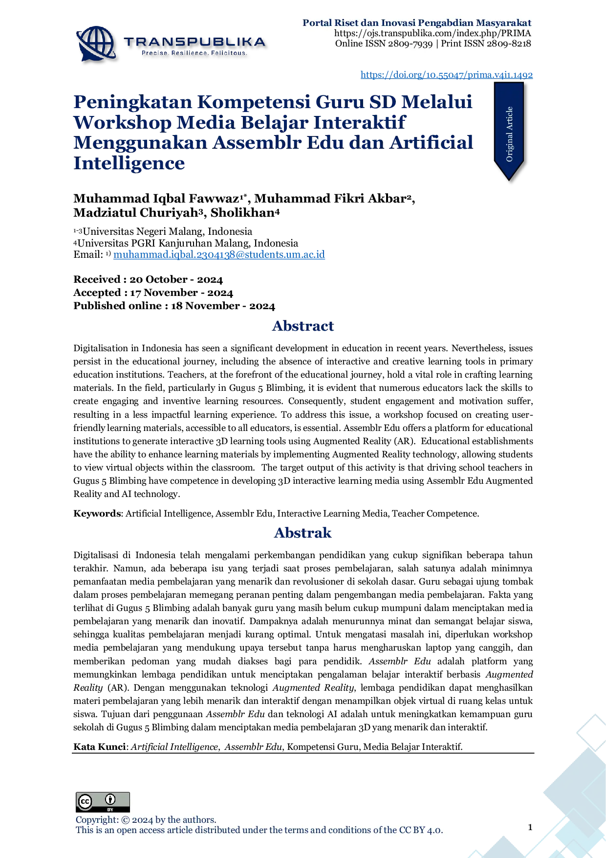 JURIS Peningkatan Kompetensi Guru SD Melalui Workshop Media Belajar Interaktif Menggunakan Assemblr Edu dan Artificial Intelligence