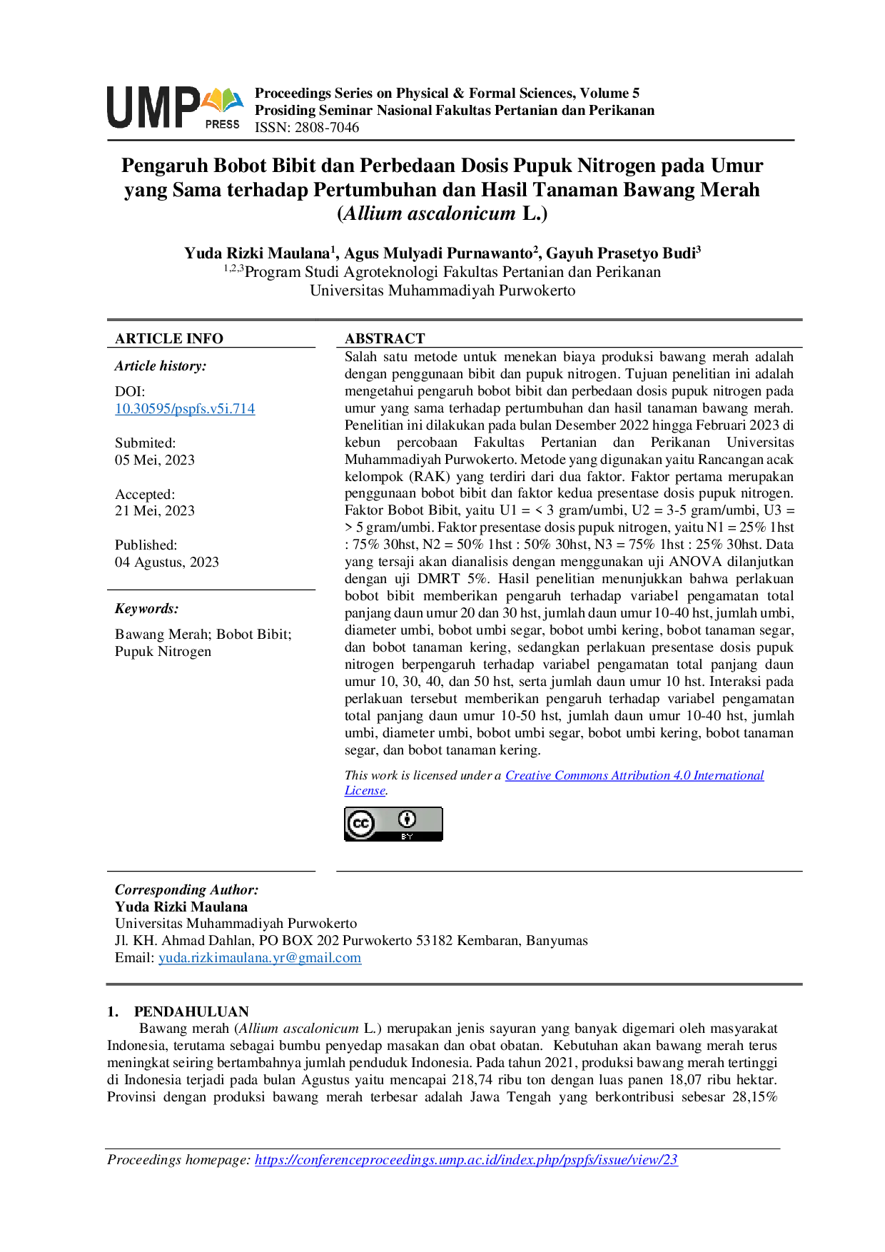 JURIS Pengaruh Bobot Bibit dan Perbedaan Dosis Pupuk Nitrogen pada Umur yang Sama terhadap Pertumbuhan dan Hasil Tanaman Bawang Merah Allium ascalonicum L