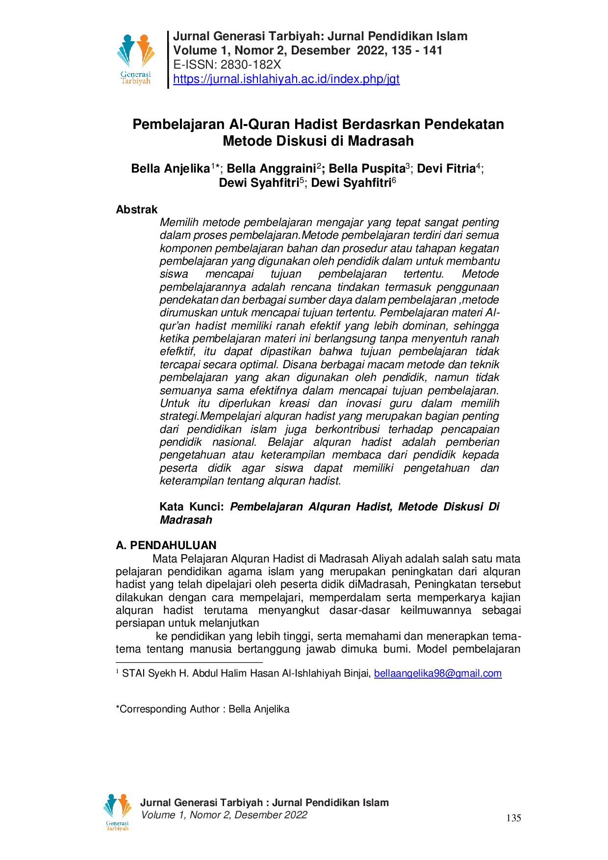JURIS Pembelajaran Al Quran Hadist Berdasarkan Pendekatan Metode Diskusi Di Madrasah