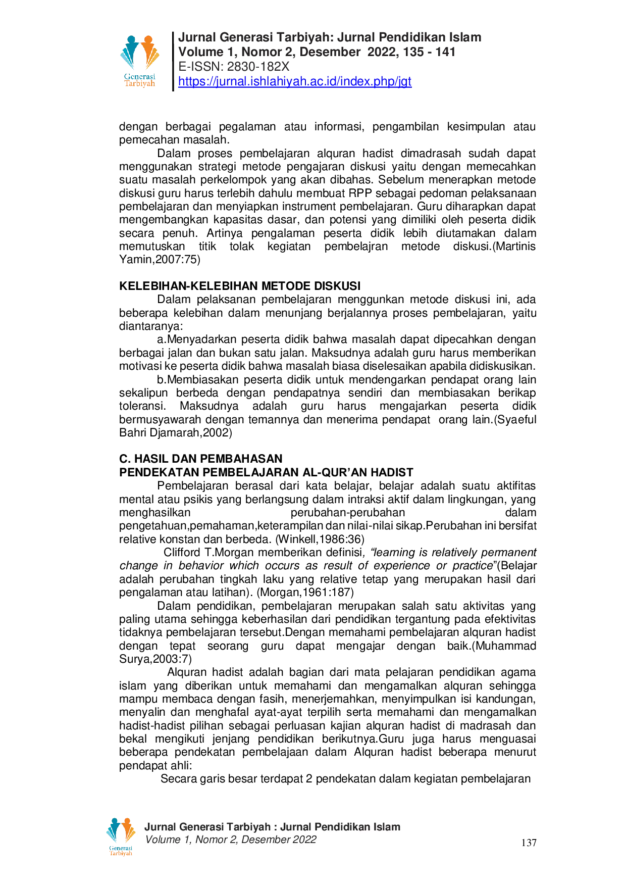 JURIS Pembelajaran Al Quran Hadist Berdasarkan Pendekatan Metode Diskusi Di Madrasah