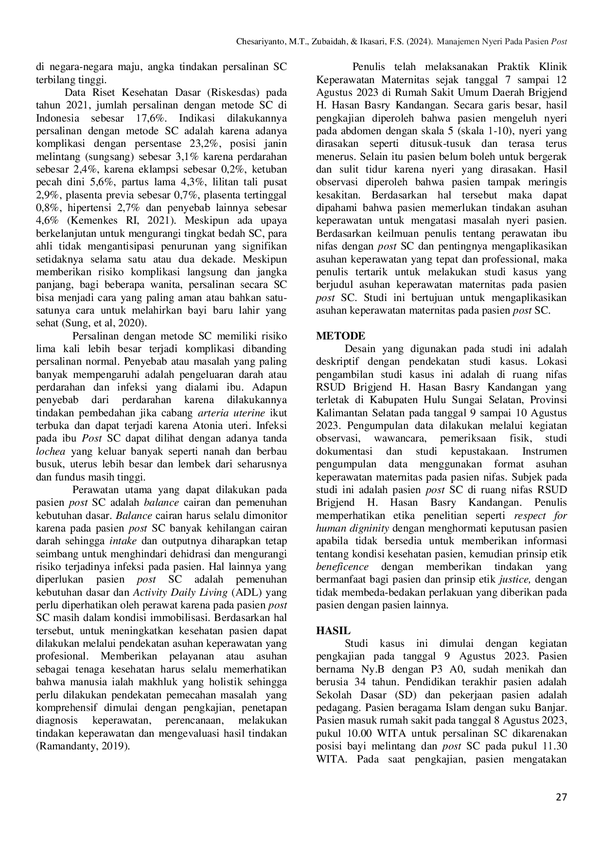 juris Manajemen Nyeri Pada Pasien Post Sectio Caesarea Dalam Asuhan Keperawatan Maternitas Studi Kasus