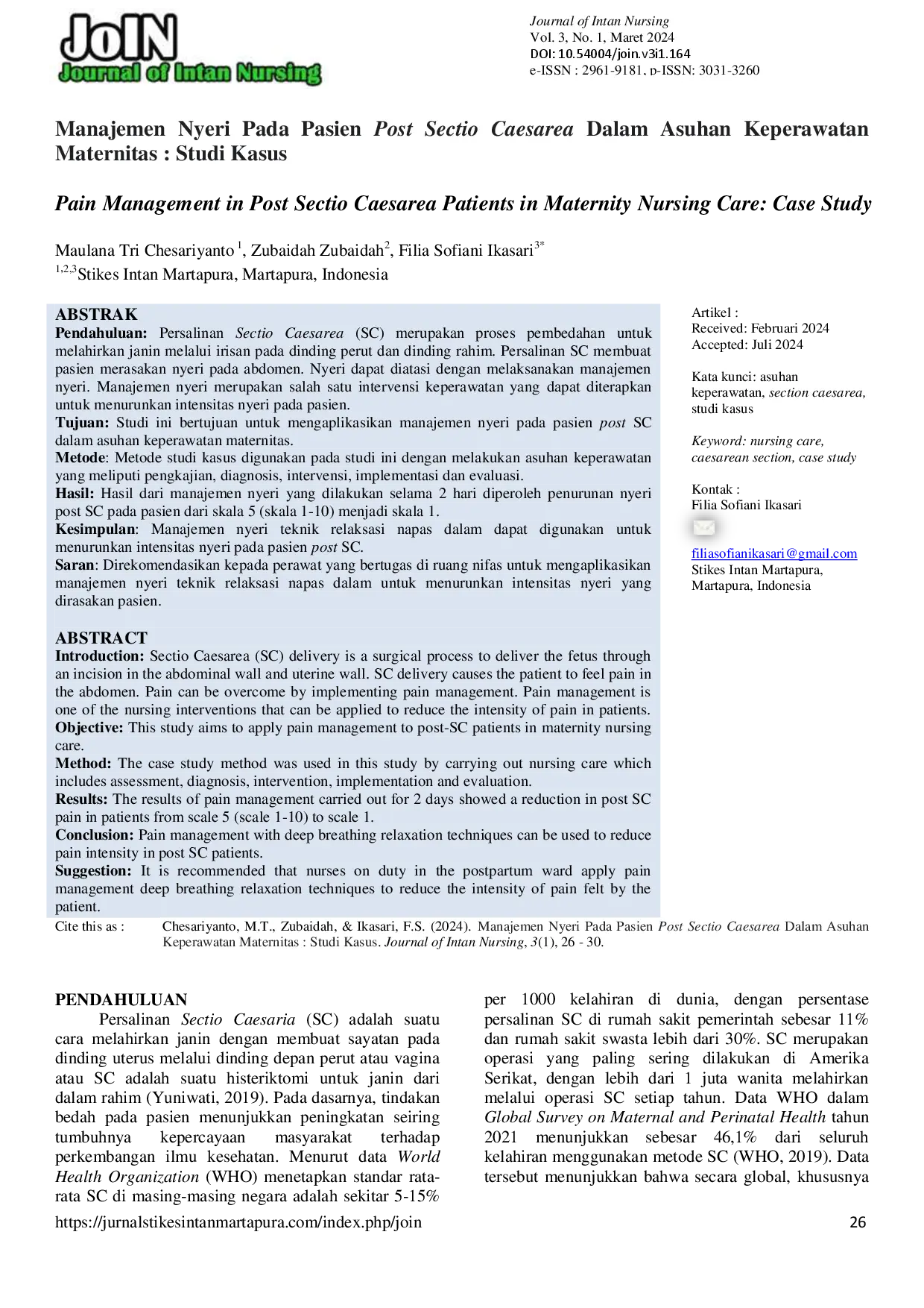 juris Manajemen Nyeri Pada Pasien Post Sectio Caesarea Dalam Asuhan Keperawatan Maternitas Studi Kasus