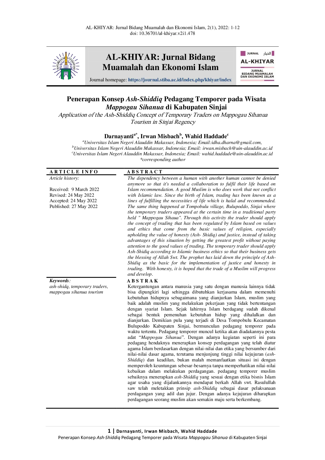 JURIS Penerapan Konsep Ash Shiddiq Pedagang Temporer pada Wisata Mappogau Sihanua di Kabupaten Sinjai Application of the Ash Shiddiq Concept of Temporary Traders on Mappogau Sihanua Tourism in Sinjai Regen