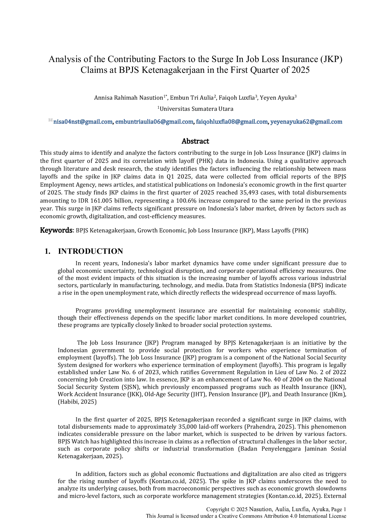 JURIS Analysis Of The Contributing Factors To The Surge In Job Loss Insurance JKP Claims At BPJS Ketenagakerjaan In The First Quarter Of 2025