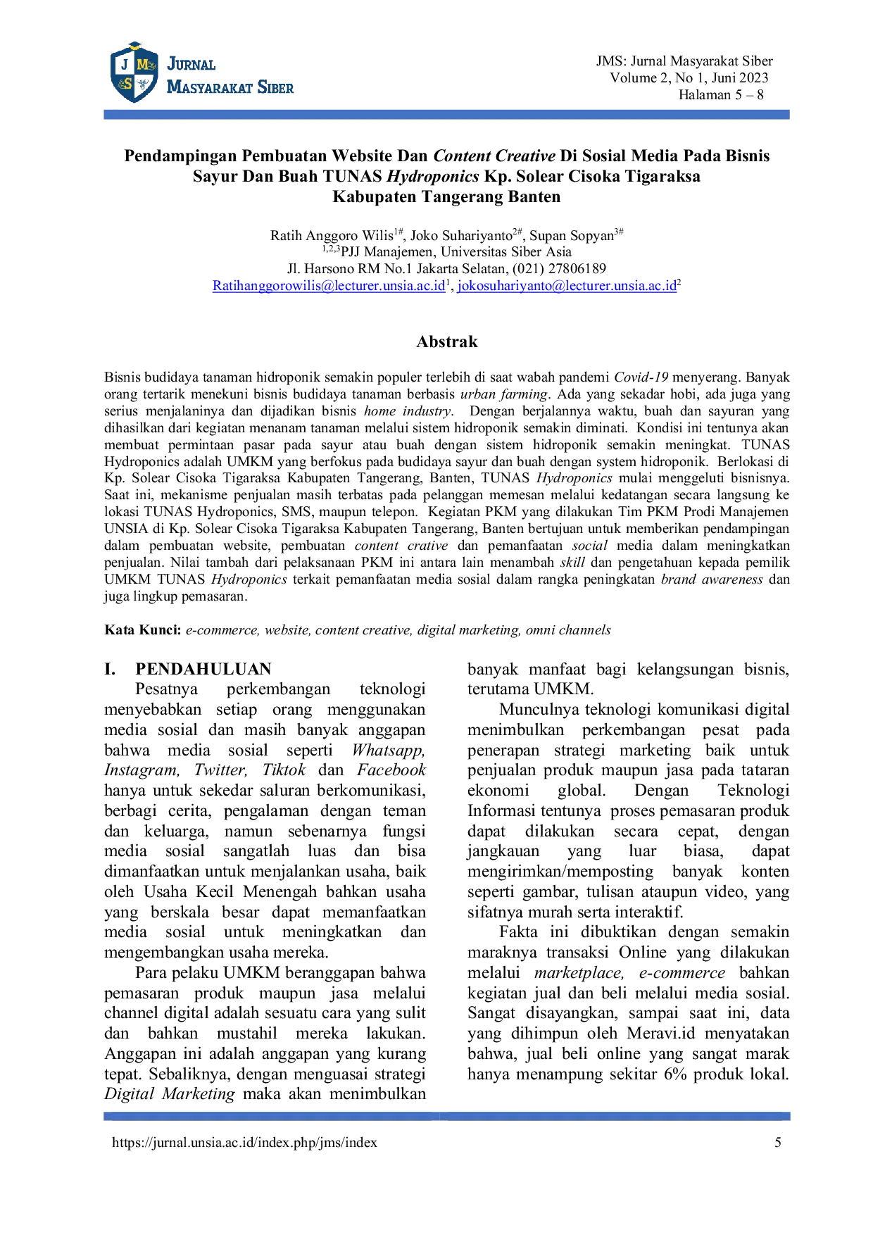 JURIS Pendampingan Pembuatan Website Dan Content Creative Di Sosial Media Pada Bisnis Sayur Dan Buah TUNAS Hydroponics Kp Solear Cisoka Tigaraksa Kabupaten Tangerang Banten