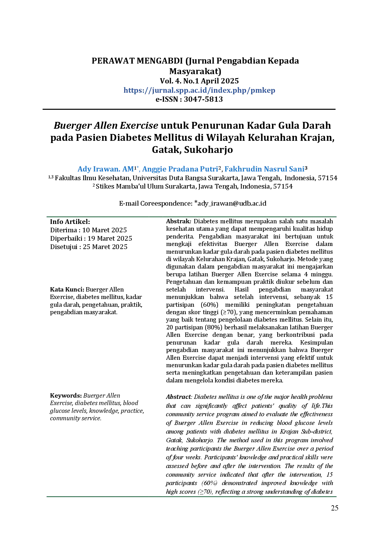juris Buerger Allen Exercise untuk Penurunan Kadar Gula Darah pada Pasien Diabetes Mellitus di Wilayah Kelurahan Krajan Gatak Sukoharjo