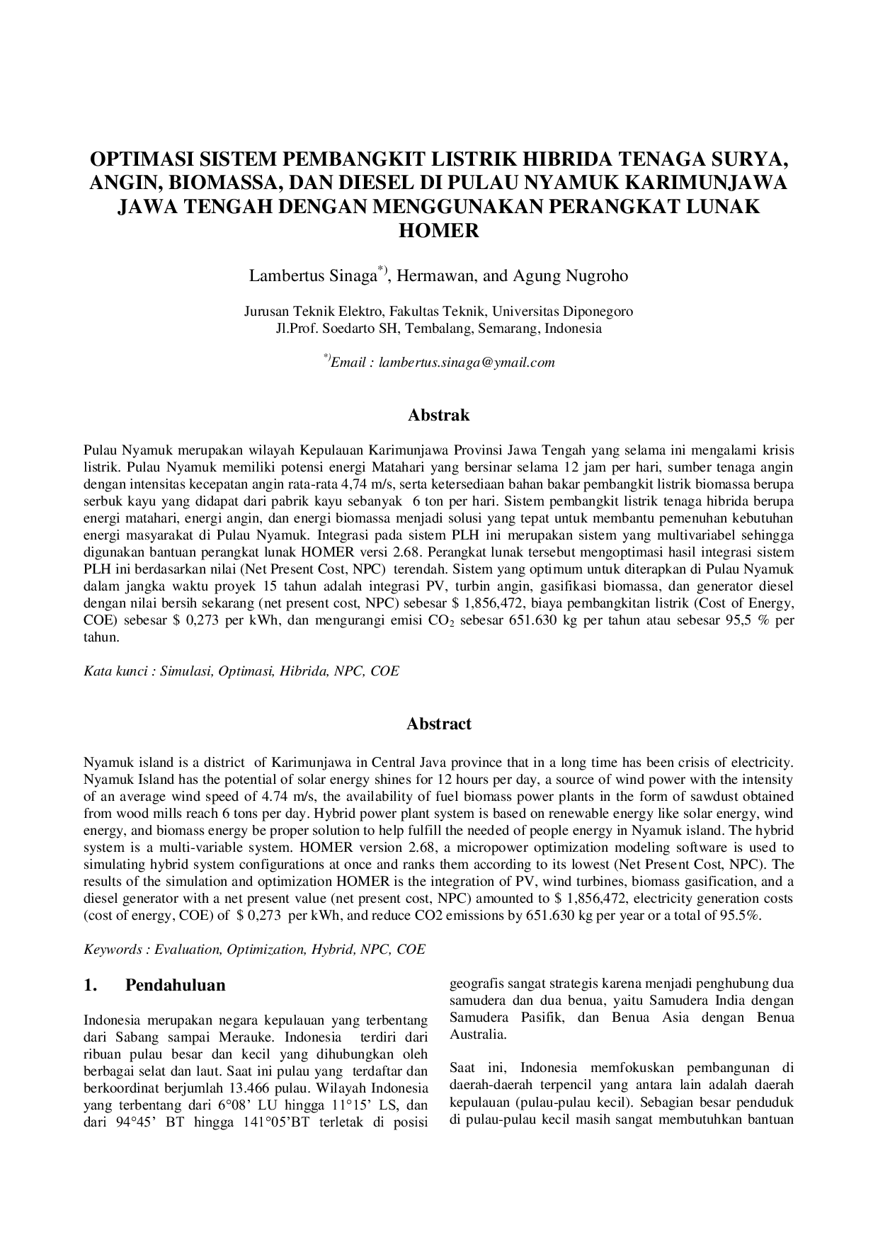 JURIS Optimasi Sistem Pembangkit Listrik Hybrid Tenaga Surya Angin Biomassa Dan Diesel Di Pulau Nyamuk Karimunjawa Jawa Tengah Menggunakan Perangkat Lunak Homer