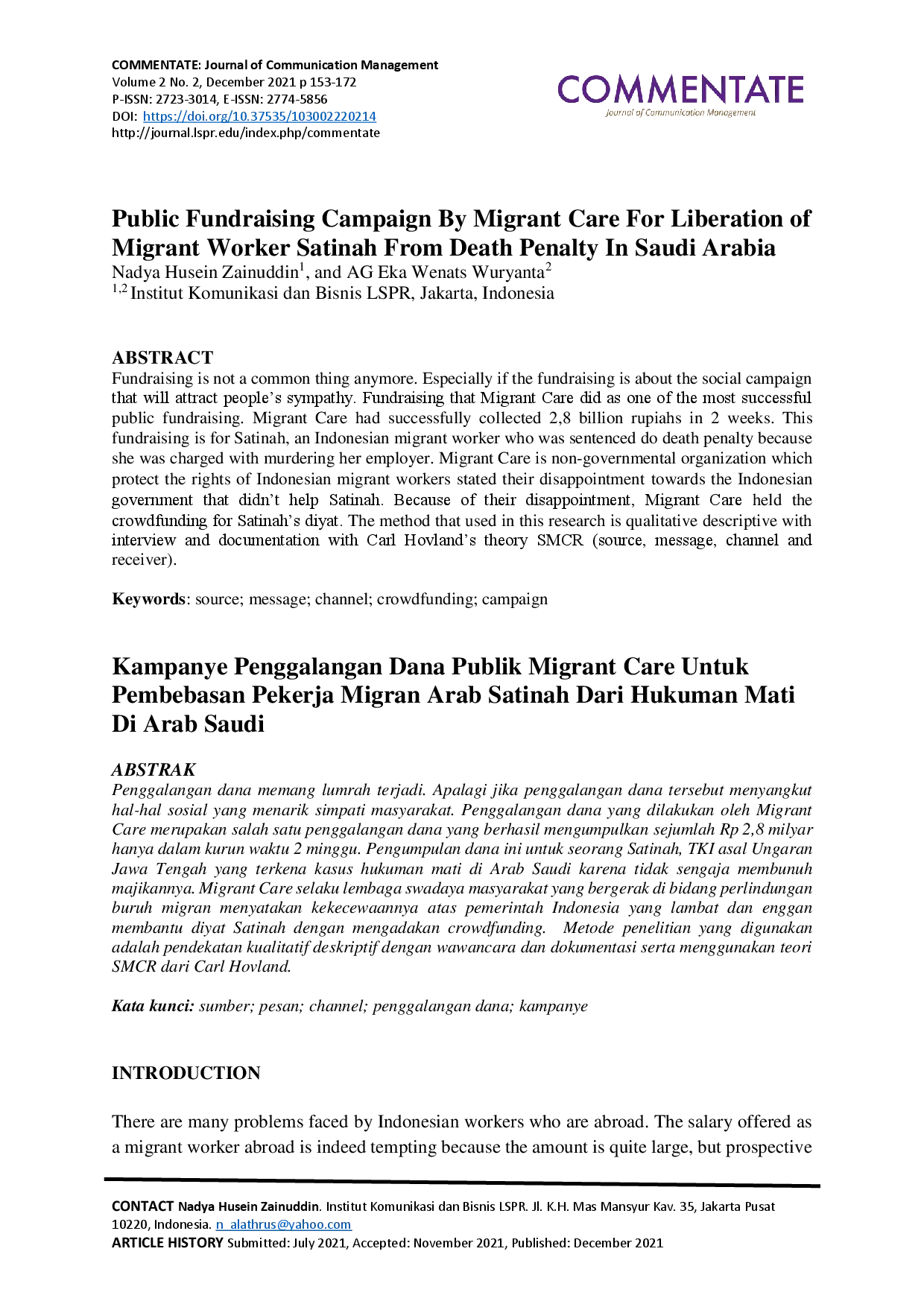juris Public Fundraising Campaign By Migrant Care For Liberation of Migrant Worker Satinah From Death Penalty In Saudi Arabia