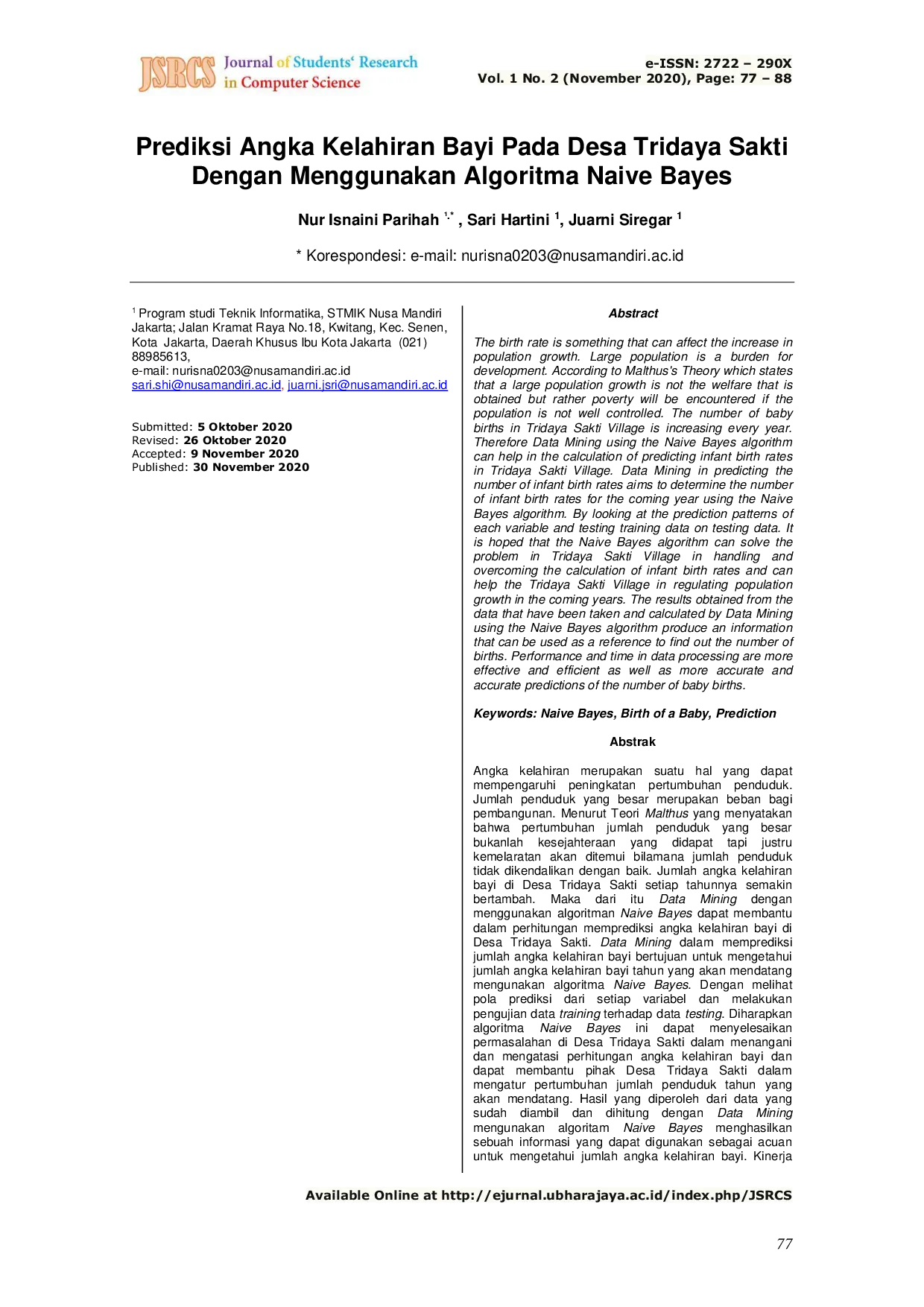 JURIS Prediksi Angka Kelahiran Bayi Pada Desa Tridaya Sakti Dengan Menggunakan Algoritma Naive Bayes