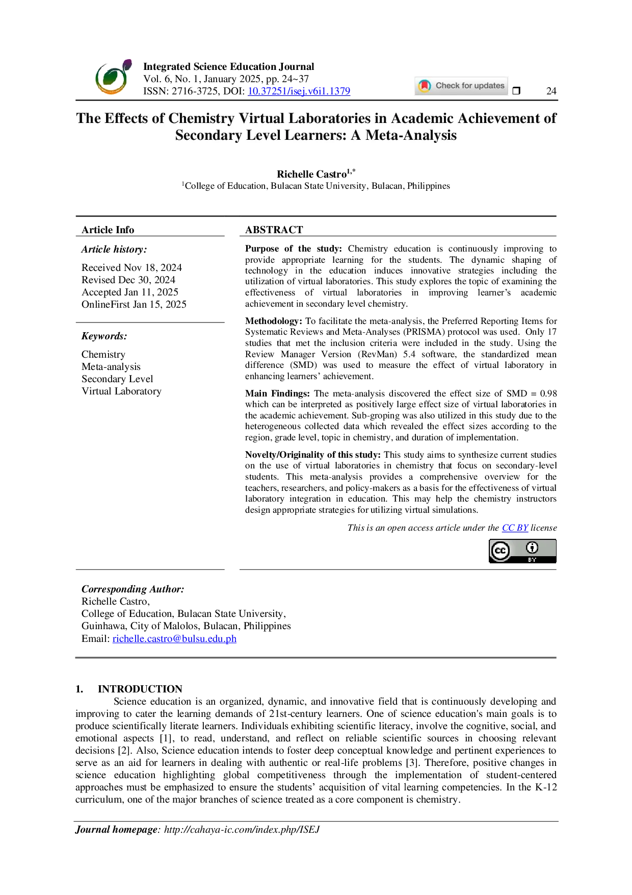 JURIS The Effects of Chemistry Virtual Laboratories in Academic Achievement of Secondary Level Learners A Meta Analysis
