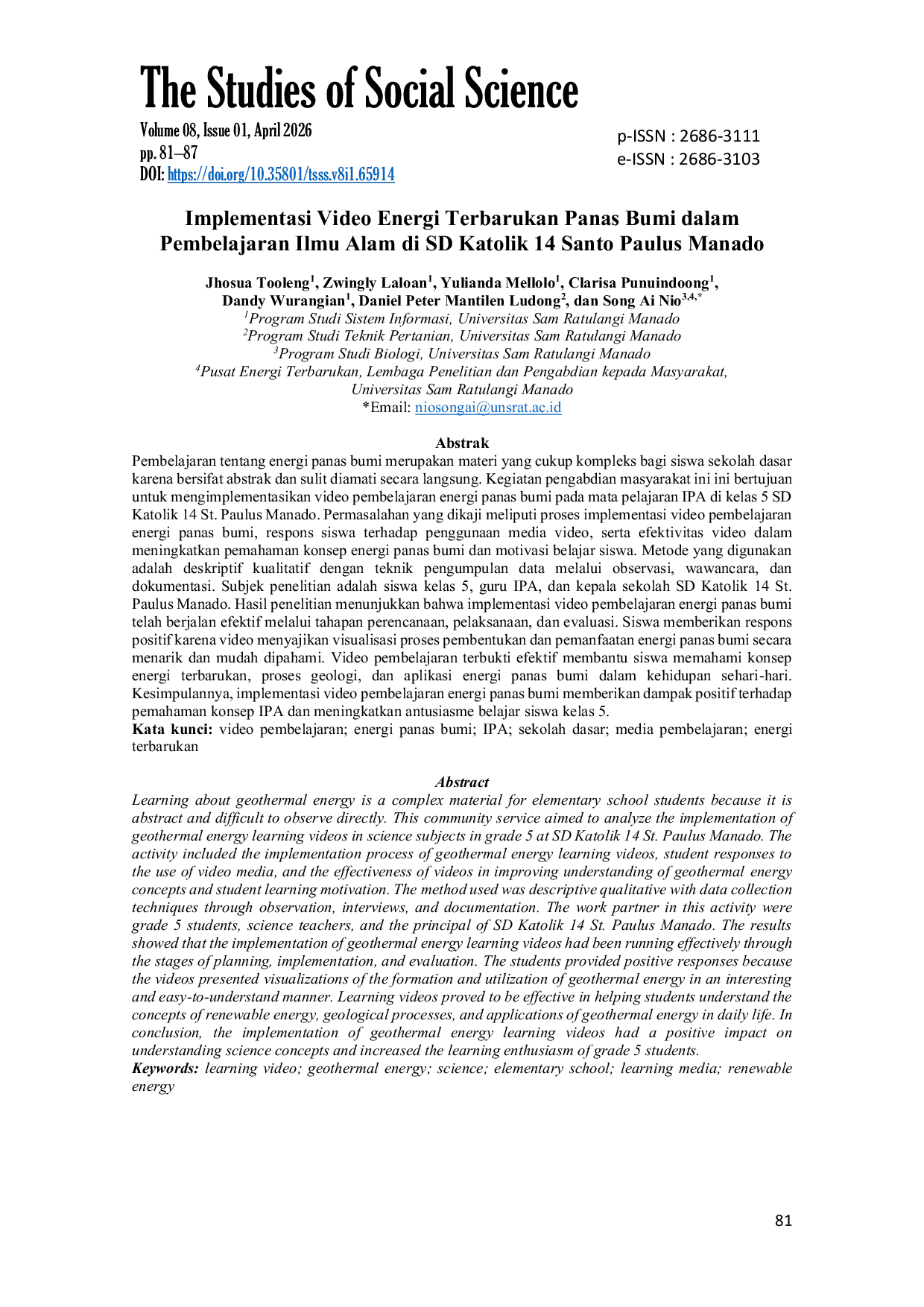 JURIS Implementasi Video Energi Terbarukan Panas Bumi dalam Pembelajaran Ilmu Alam di SD Katolik 14 Santo Paulus Manado