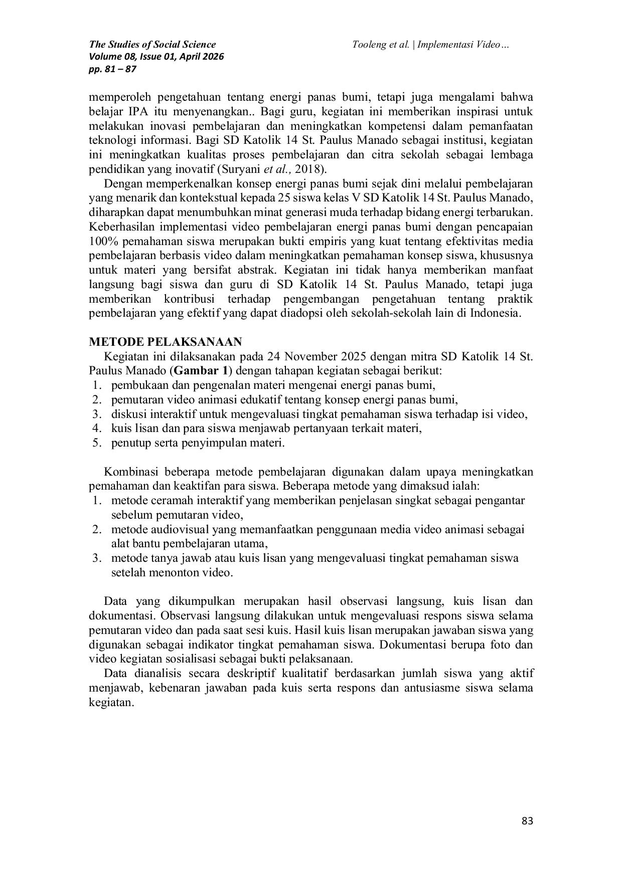 JURIS Implementasi Video Energi Terbarukan Panas Bumi dalam Pembelajaran Ilmu Alam di SD Katolik 14 Santo Paulus Manado