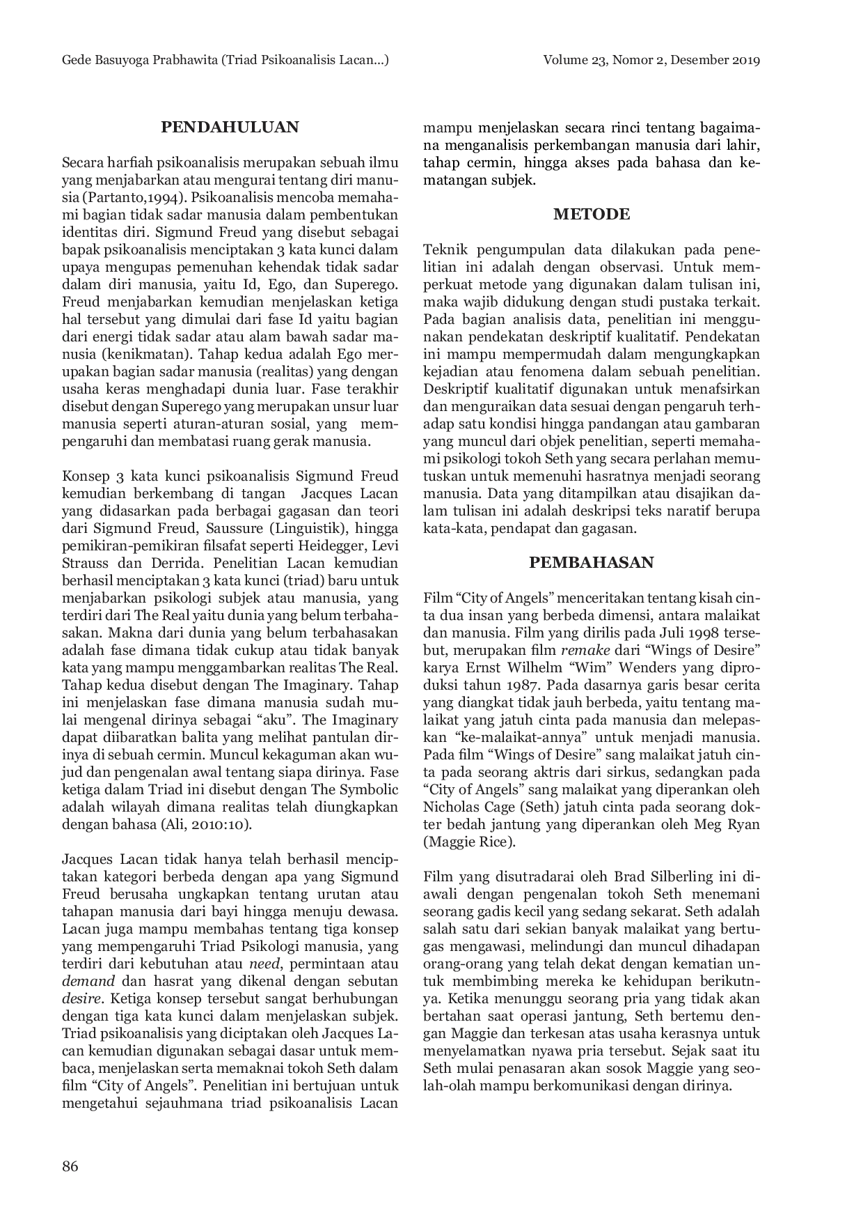 JURIS Triad Psikoanalisis Lacan Pada Tokoh Seth Dalam Film City Of Angels Ay