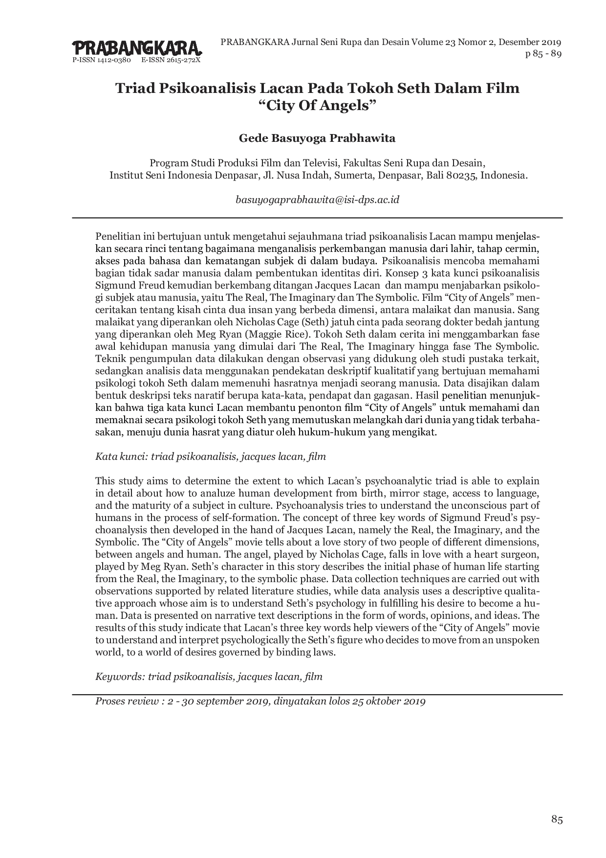 JURIS Triad Psikoanalisis Lacan Pada Tokoh Seth Dalam Film City Of Angels Ay