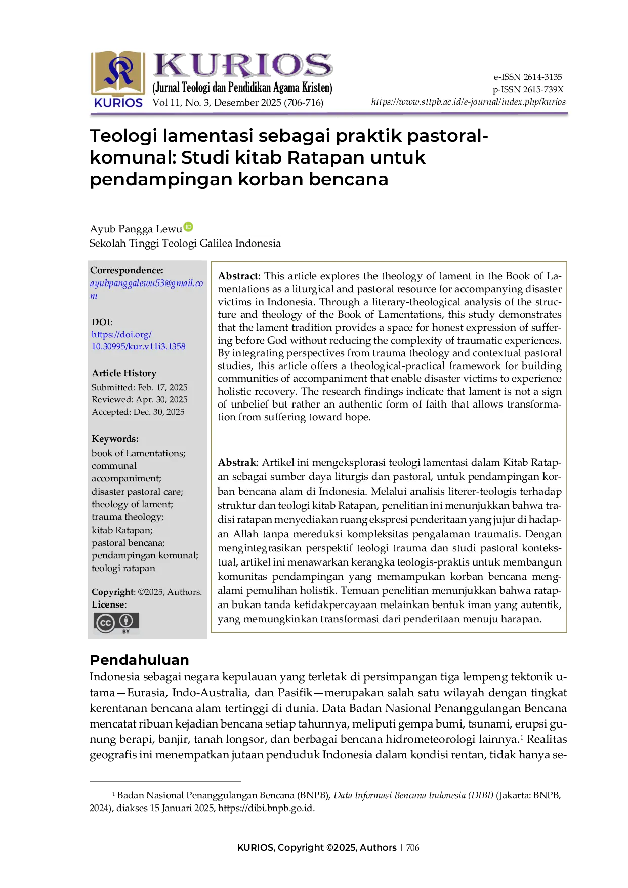 JURIS Teologi ratapan sebagai praktik pastoral komunal Studi kitab Ratapan untuk pendampingan korban bencana
