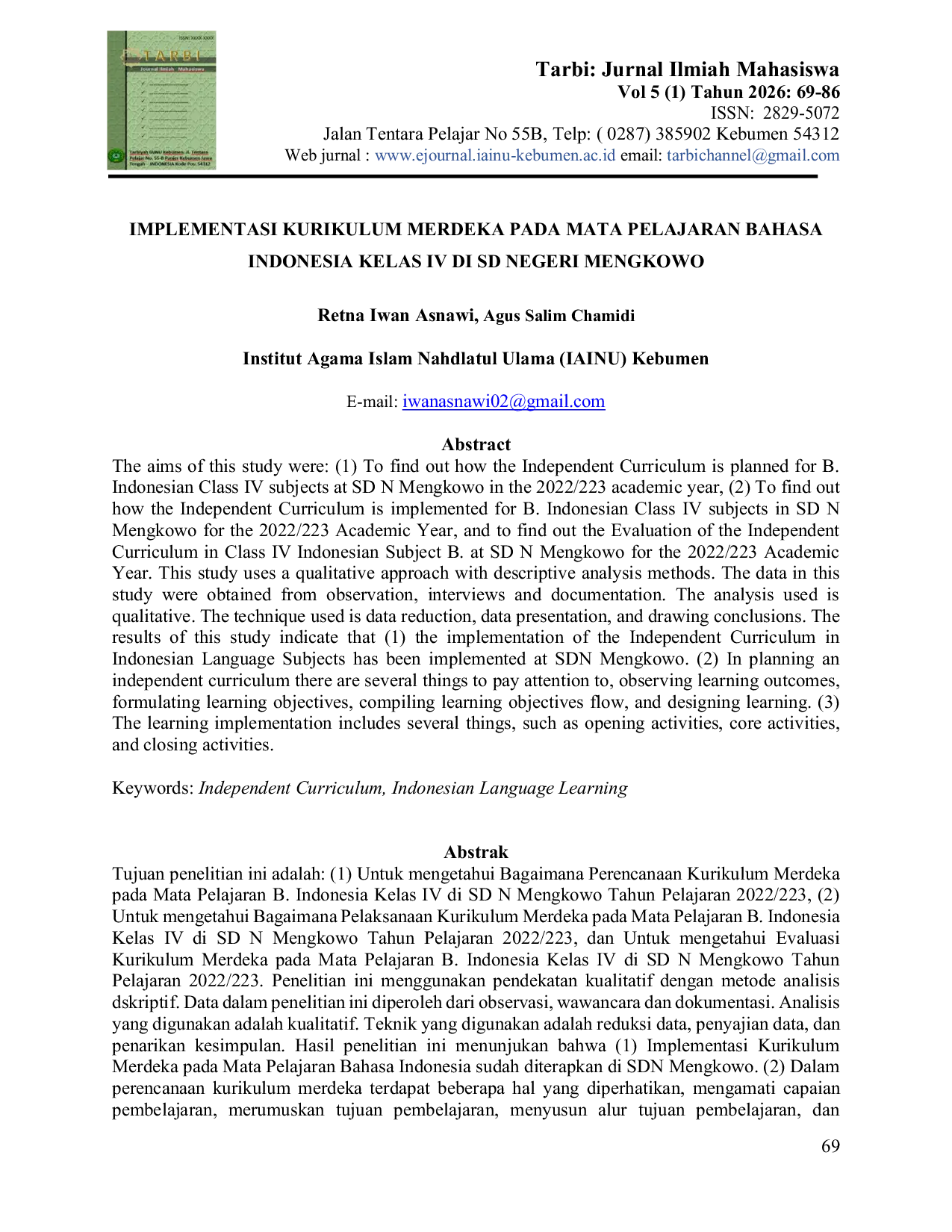 JURIS Implementasi Kurikulum Merdeka Pada Mata Pelajaran Bahasa Indonesia Kelas IV di SD Negeri Mengkowo