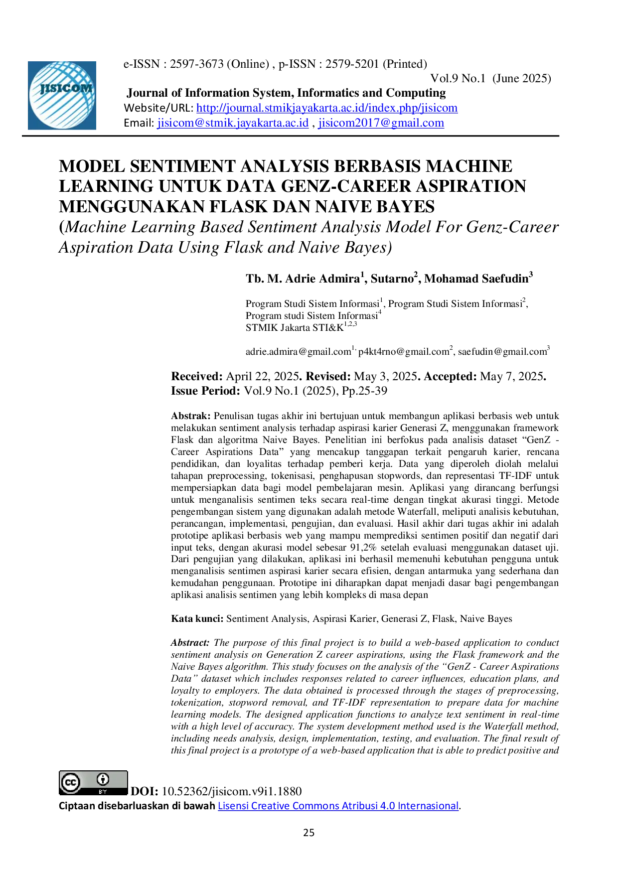 JURIS Model Sentiment Analysis Berbasis Machine Learning Untuk Data GenZ Career Aspiration Menggunakan Flask dan Naive Bayes