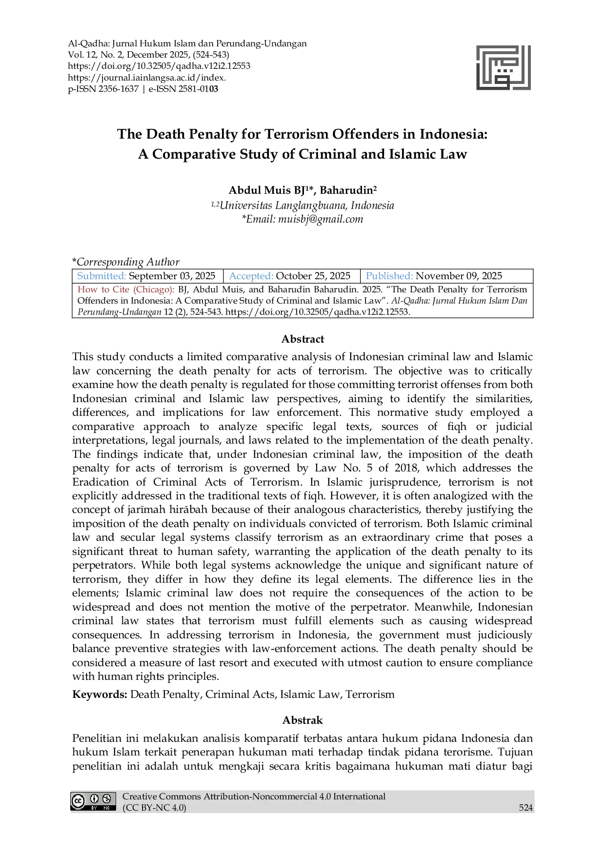 JURIS The Death Penalty for Terrorism Offenders in Indonesia A Comparative Study of Criminal and Islamic Law